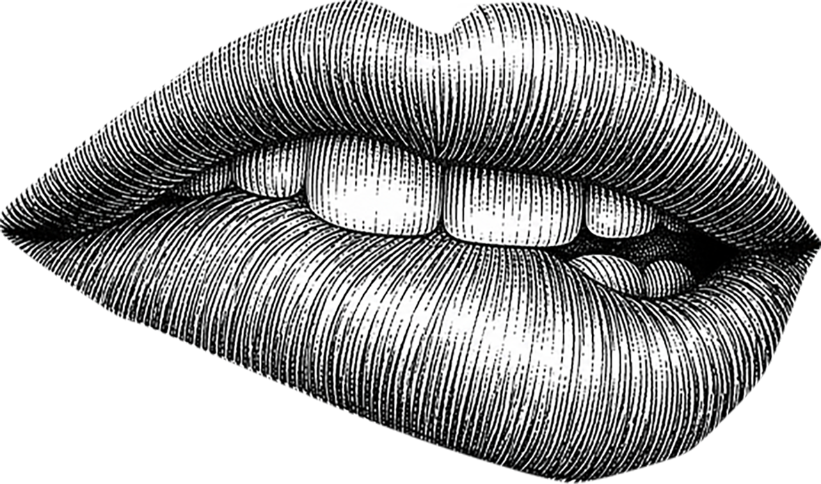 Black and white illustration of lips with teeth showing in a biting gesture.