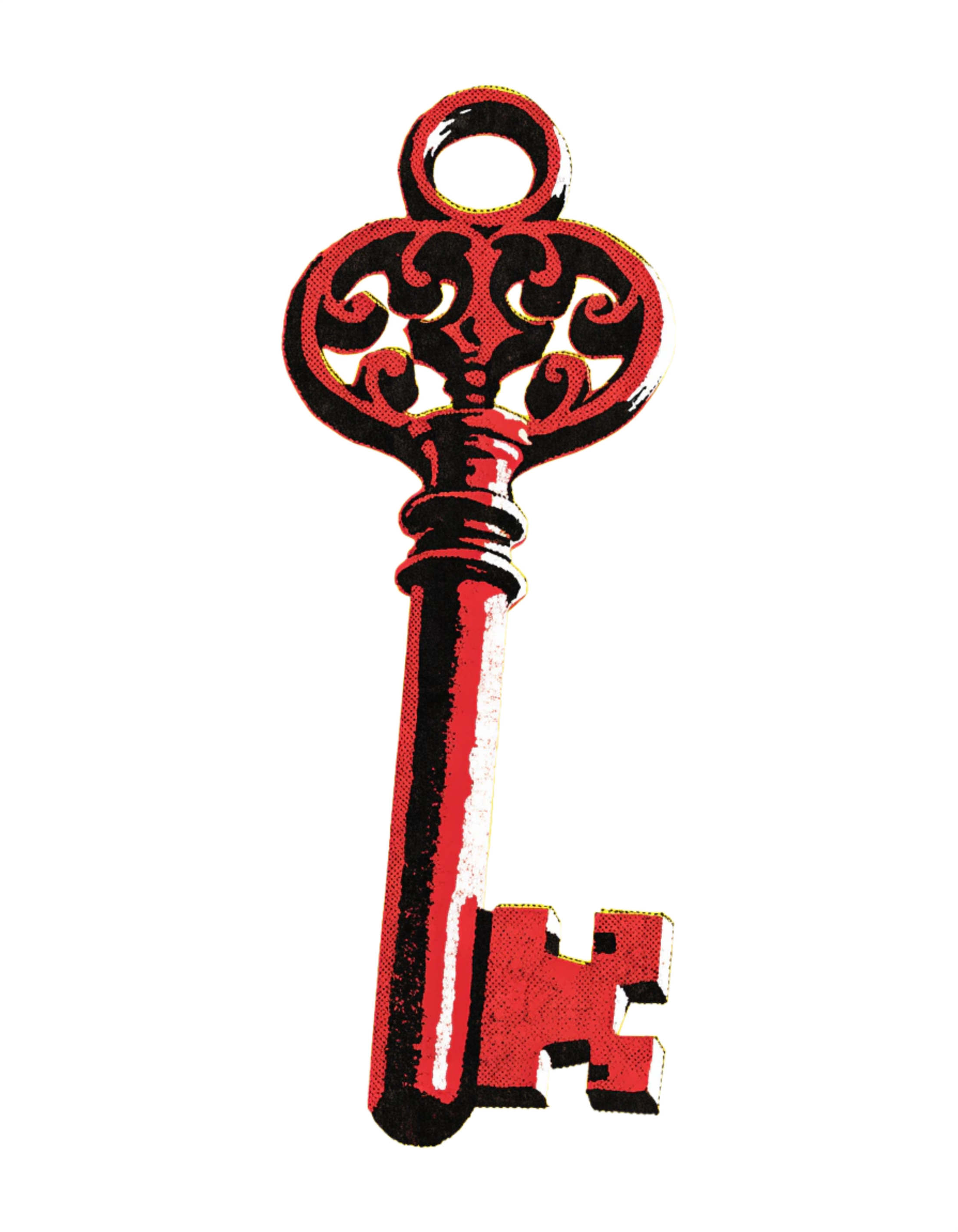 A vintage-style red and black ornate key with a decorative bow, set against a black background with a yellow border as part of the Frida's Brow culture club iconography.