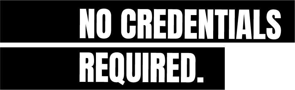 Black background with white bold text reading 'NO CREDENTIALS REQUIRED,' the main message of the Frida's Brow community.
