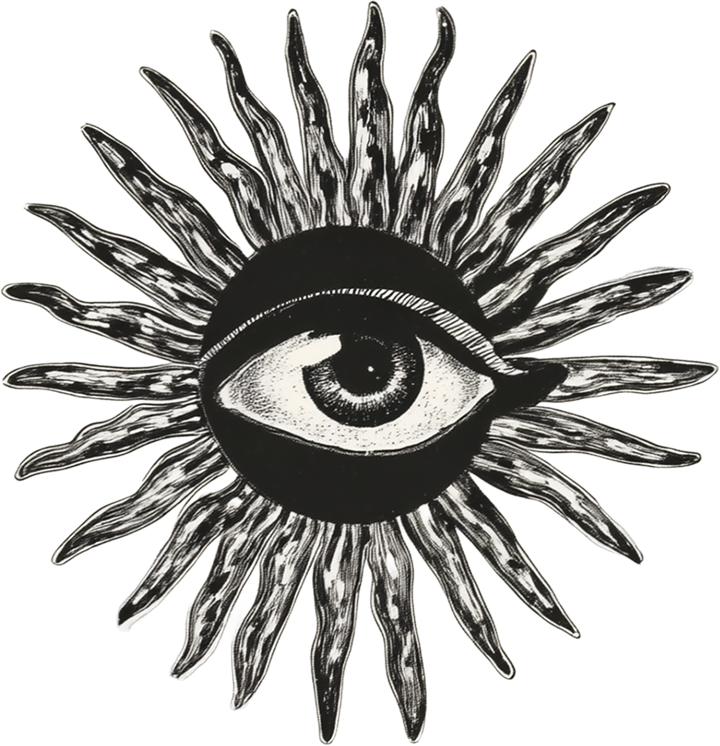 A black and white illustration of an eye with elongated eyelashes, surrounded by abstract shapes resembling wings or flames, an icon of the Frida's Brow culture club.