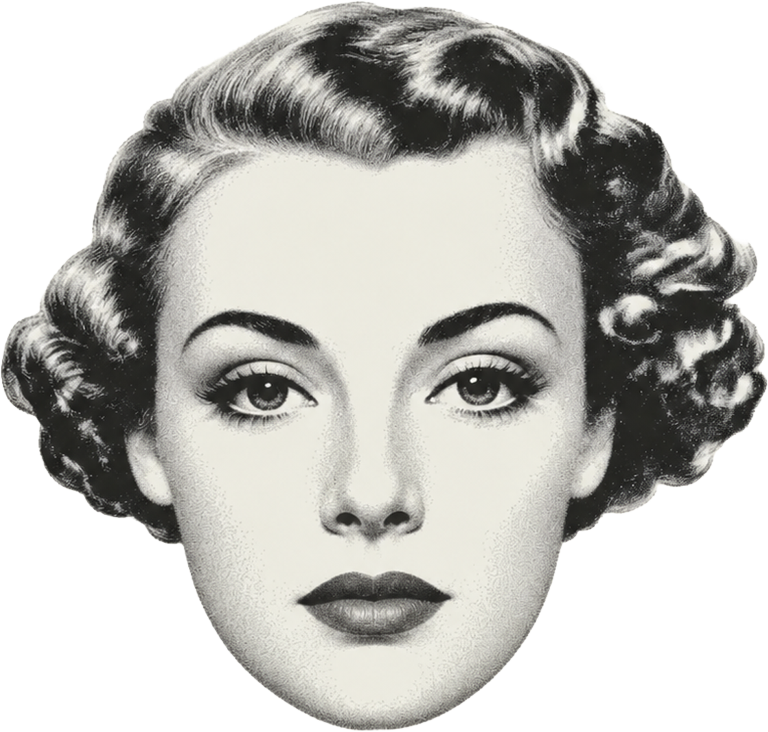A black and white illustration of a woman's face with curled hair, bold eyebrows, and dark lipstick, resembling the style of mid-20th century pop art for Frida's Brow About Us.
