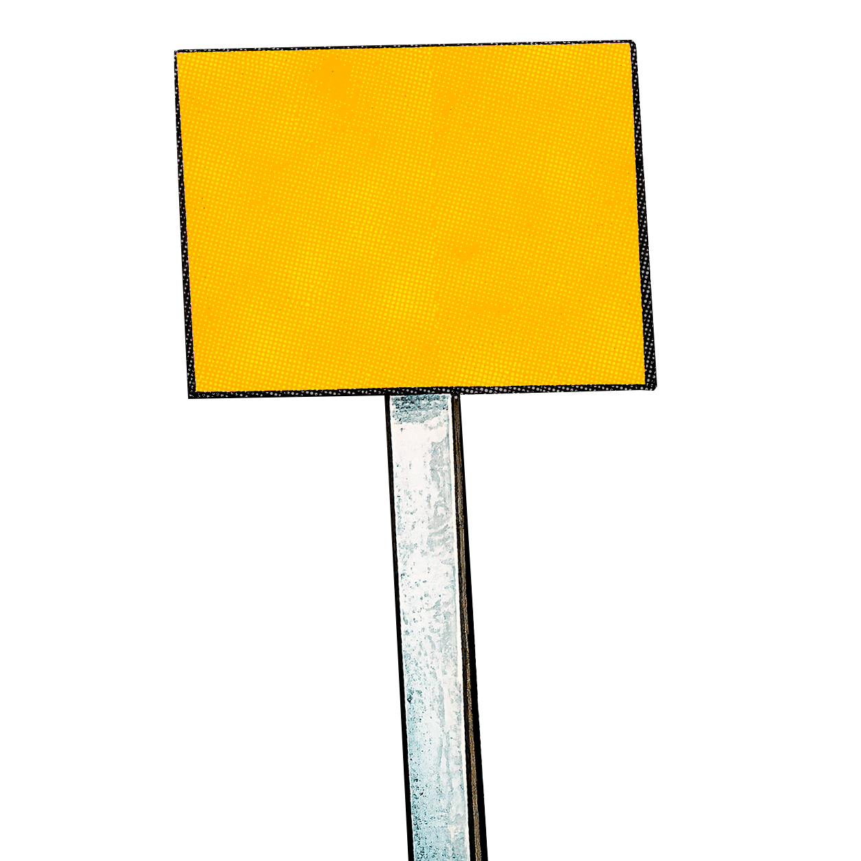 A blank yellow sign mounted on a white metal pole.