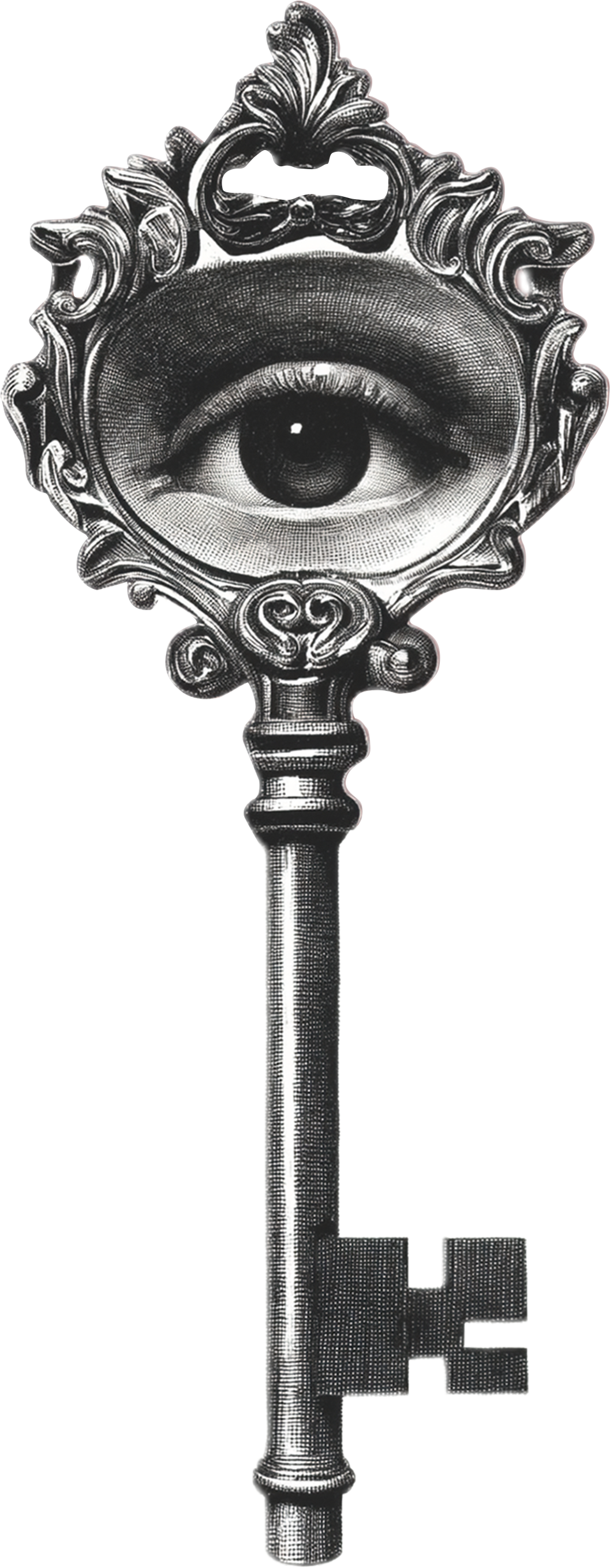 Vintage illustration of a mirror with an ornate frame, featuring a large eye in the center.