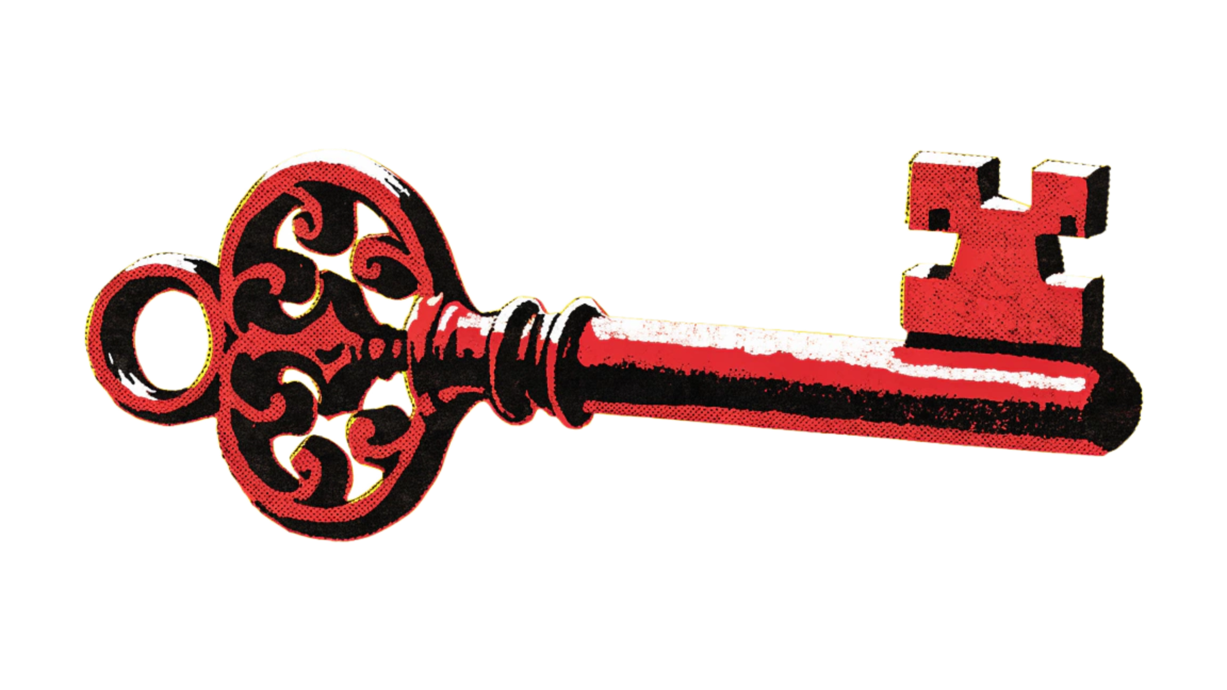 A vintage-style red key with ornate black and red decorative details on the bow and shaft,  as part of the Frida's Brow culture club iconography. Reminiscent of René Magritte (1898-1968) , Le sourire du diable