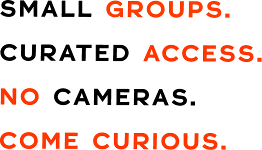 Black background with bold, red text reading 'NO GROUPS. ACCESS. NO COME CURIOUS.' Frida's Brow mantra.