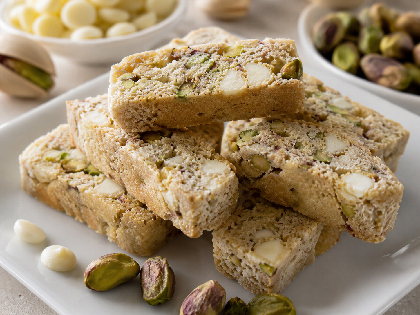 White Chocolate Pistachio Biscotti are crisp, buttery Italian cookies studded with roasted pistachios and sweet white chocolate chips, offering the perfect balance of nutty crunch and delicate sweetness - perfect alongside your morning coffee or as a