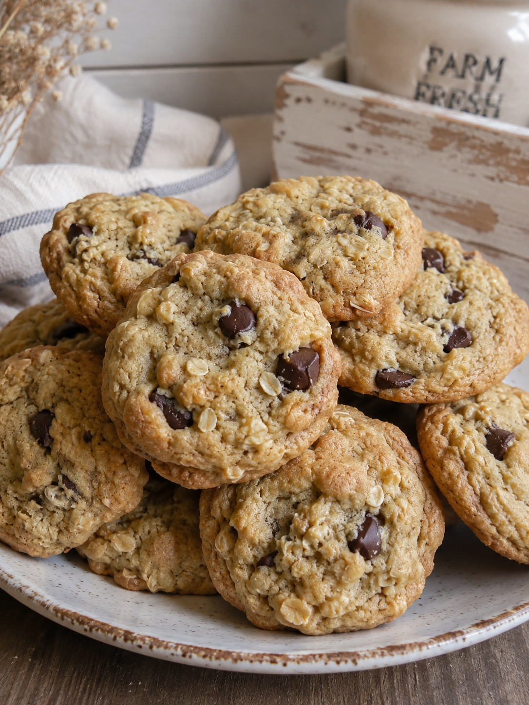 Oatmeal Chocolate Chip Cookies are soft and chewy cookies made with hearty rolled oats and rich, melty chocolate chips. Baked until perfectly tender, these cookies combine the cozy goodness of oatmeal with the timeless appeal of chocolate chips for a