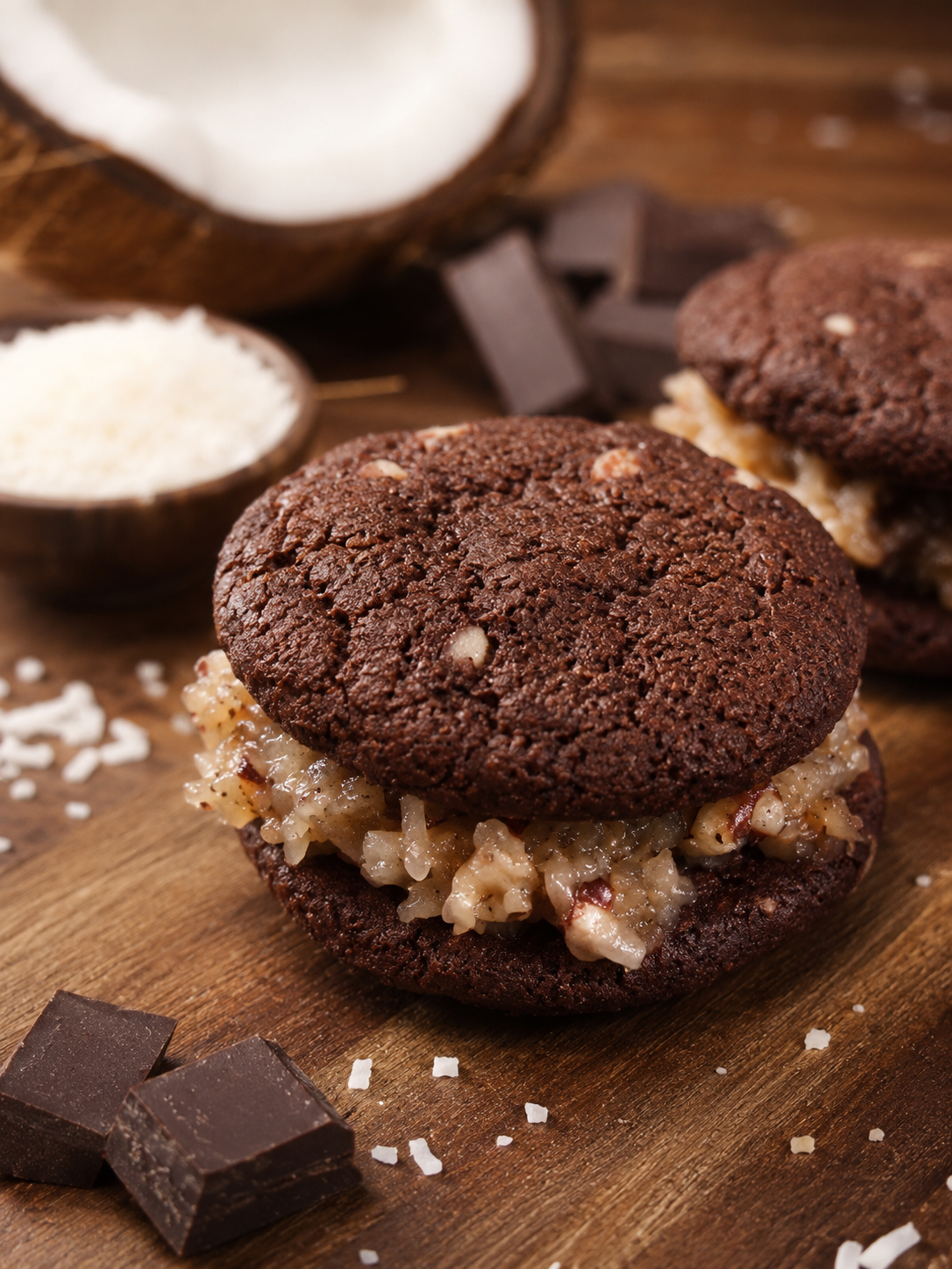 German Chocolate Cookies are soft, rich cookies inspired by the classic cake, featuring sweet chocolate, chewy coconut, and crunchy pecans. These cookies capture all the beloved flavors of German chocolate cake in a handheld treat. $18.00/dz.