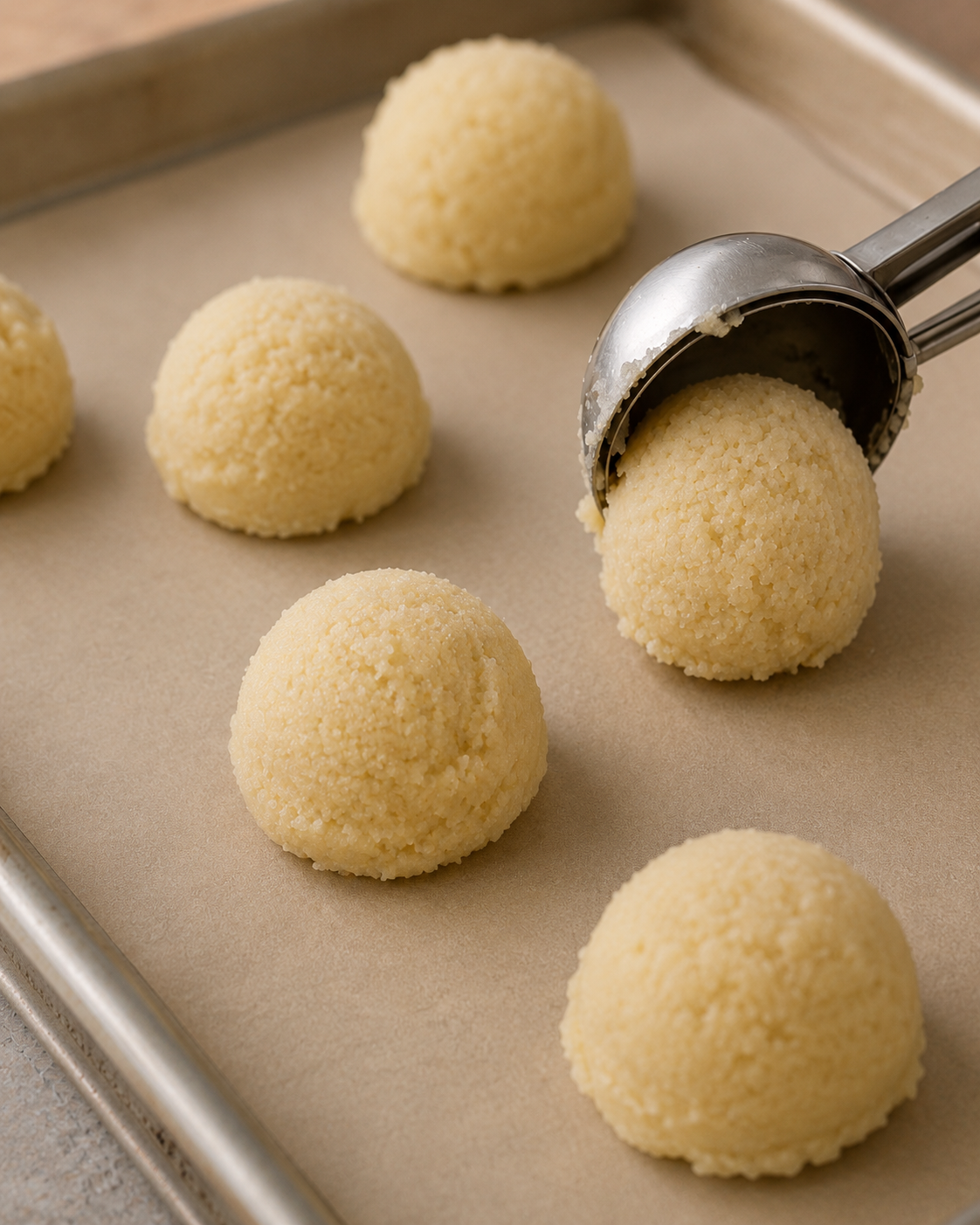 Dough balls placed on a baking sheet with parchment paper, being shaped with a metal scoop.