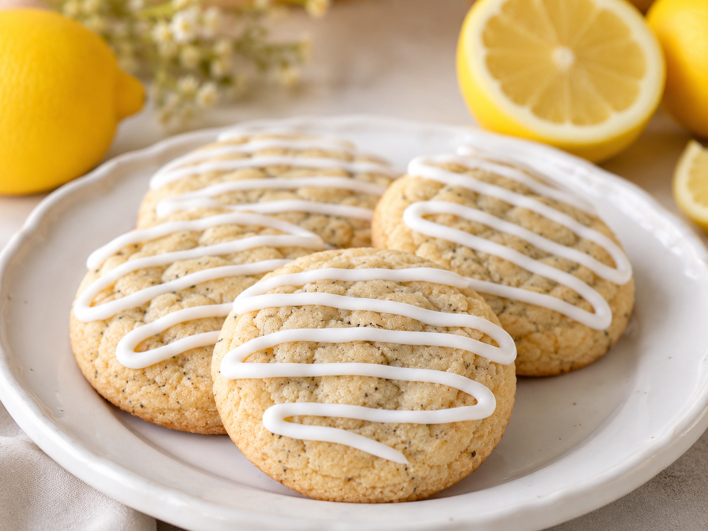Lemon Poppy Seed Cookies are soft, buttery cookies bursting with fresh lemon flavor and a subtle crunch. Each cookie is topped with a sweet lemon glaze that adds the perfect touch of tangy sweetness. $11.40/dz.