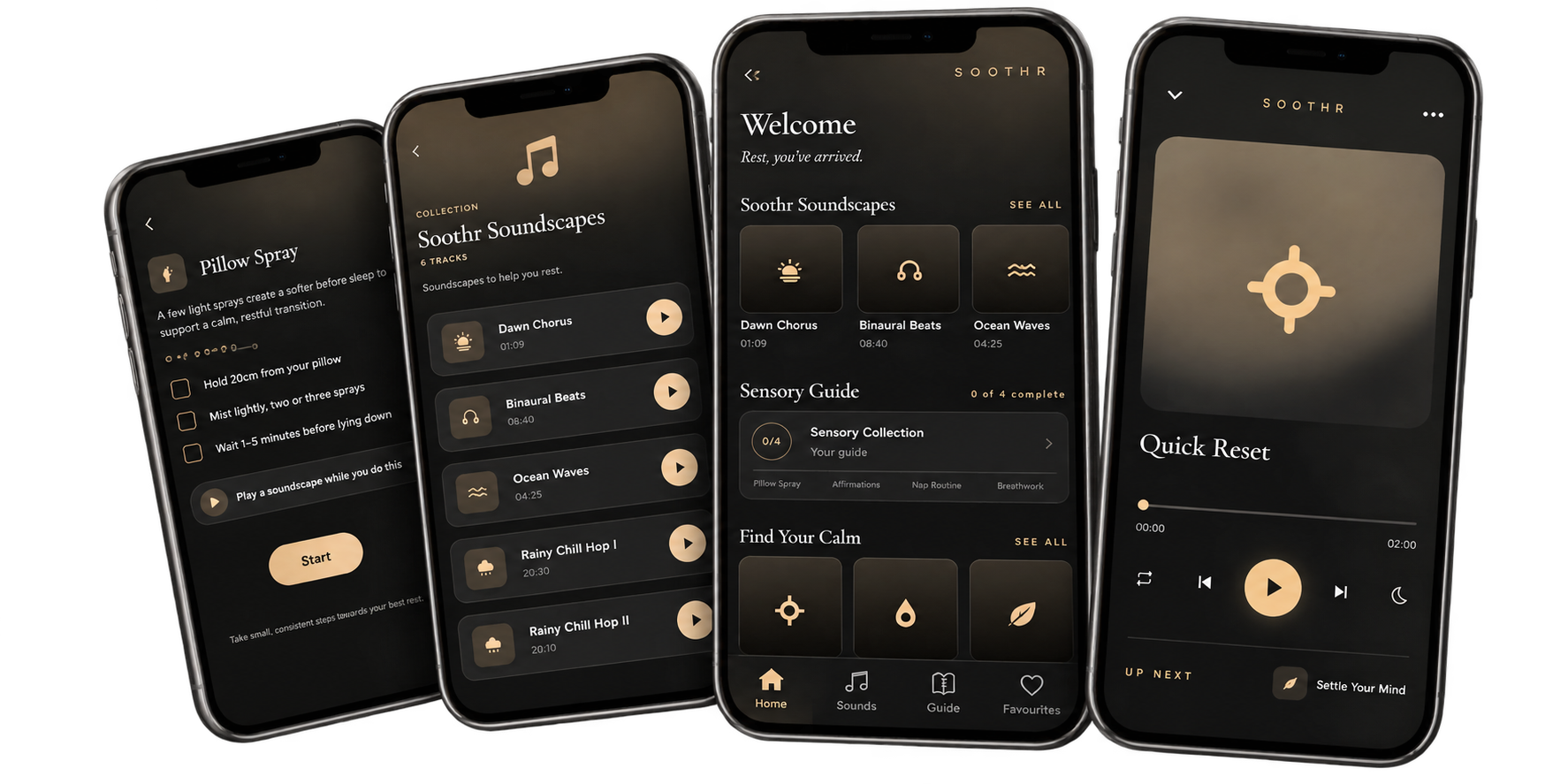 Four smartphones displaying a relaxation app called Soothr with dark-themed interfaces. The screens show soundscape selections, a welcome message, and a quick reset feature, with options for calming sounds, guides, and controls.