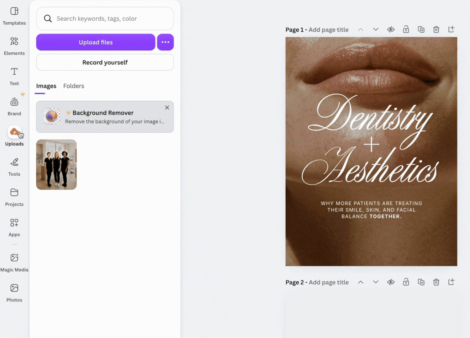 Close-up of a person's lips and part of their nose with text overlay that says ''Dentistry + Aesthetics'' and additional smaller text about patient treatments.