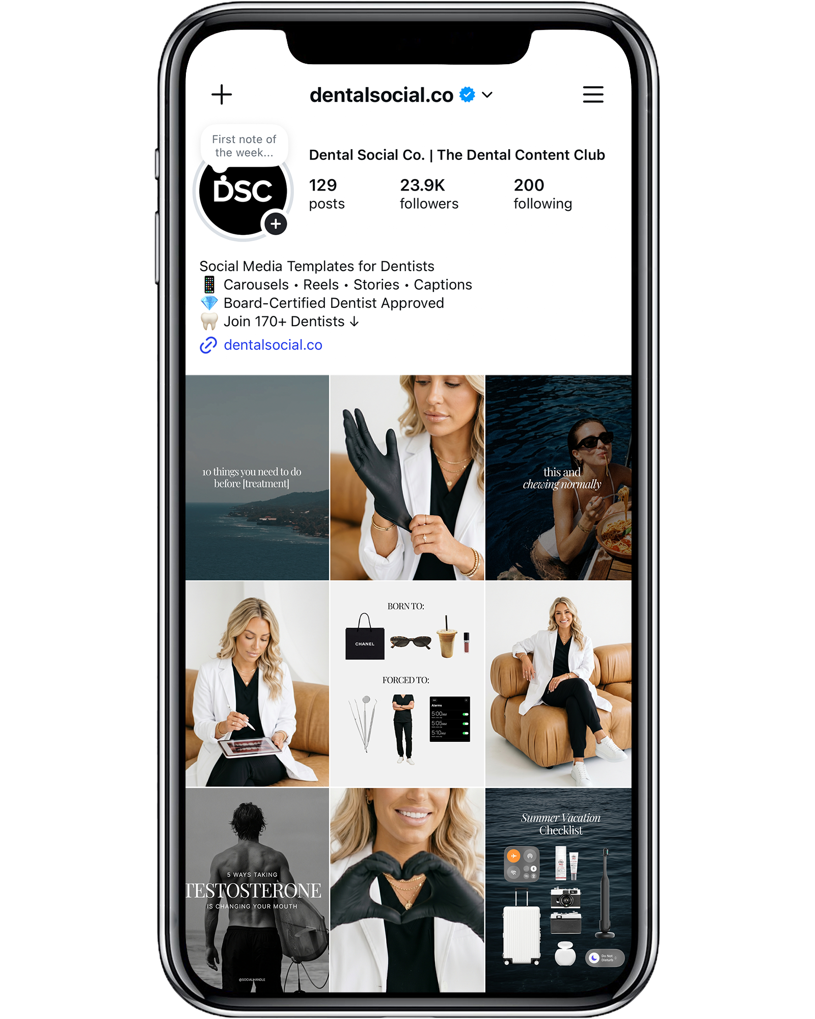 Smartphone screen displaying social media profile for 'dental social.co' with posts related to social media templates for dentists, summer vacation checklist, testosterone effects, and lifestyle images of women and vacation scenes.