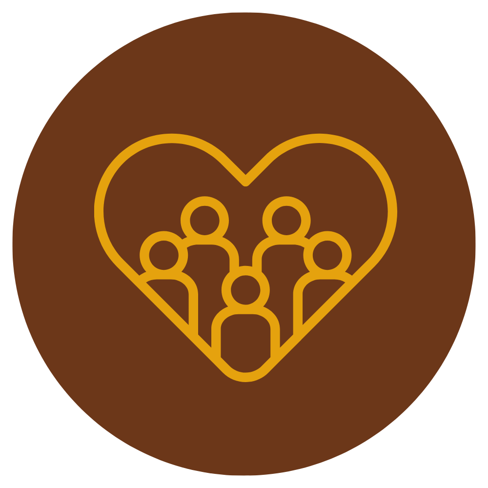 Icon of a group of people inside a heart outline, on a brown circular background.