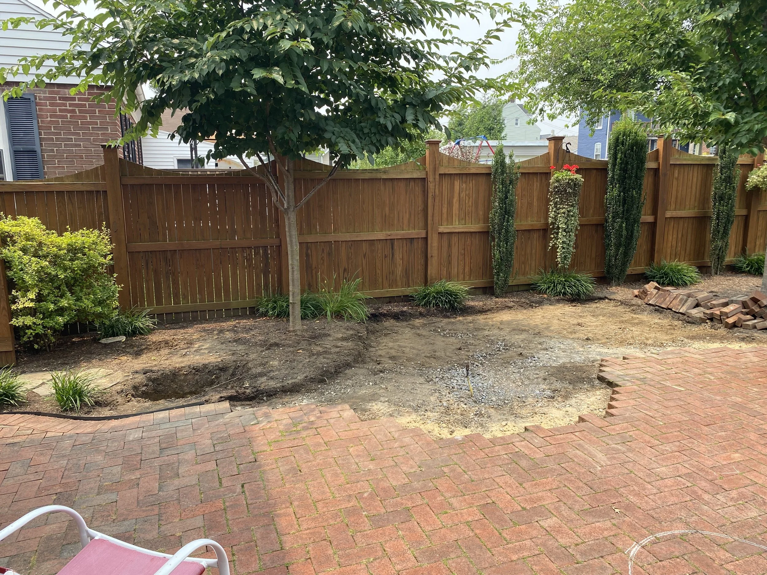 A backyard with a new wooden fence, a small tree, some shrubs, and a patio with red bricks. There are some houses visible in the background.