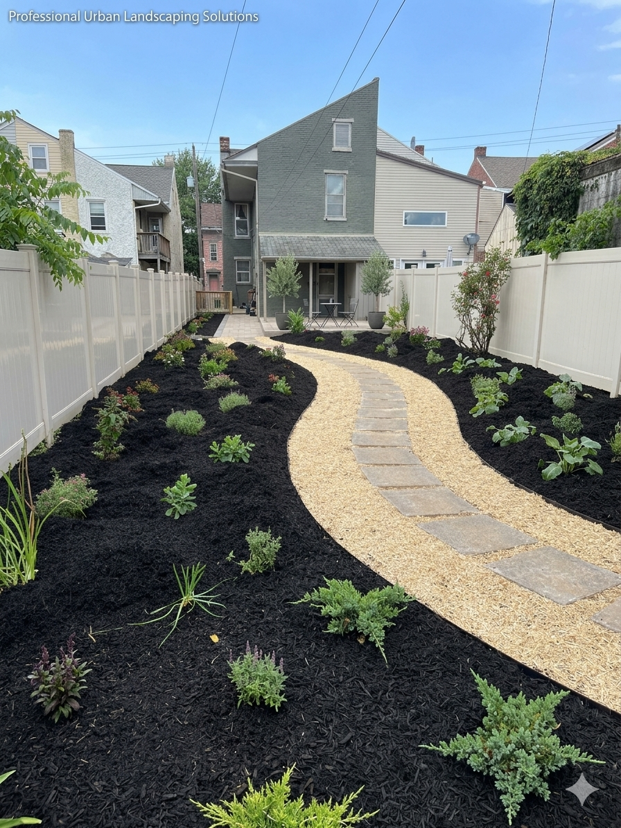 A backyard garden with a winding stone and gravel pathway, bordered by dark mulch and various small green plants and shrubs, with a multi-story modern house in the background and a white vinyl fence surrounding the yard.