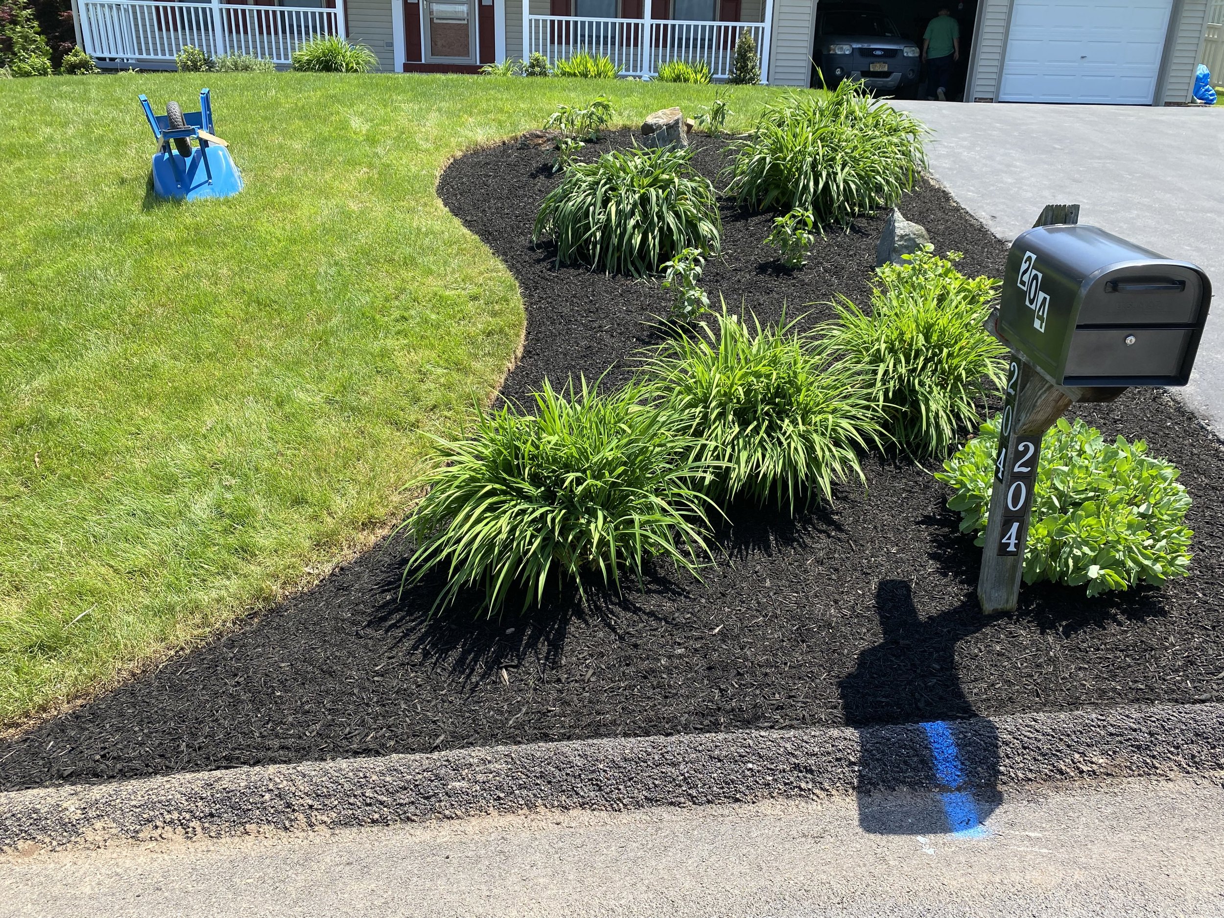A yard with a grassy lawn, a flower bed with plants and mulch, a black mailbox on a post, a driveway, and a house with a garage. There is a blue shovel and a blue rake in the yard.