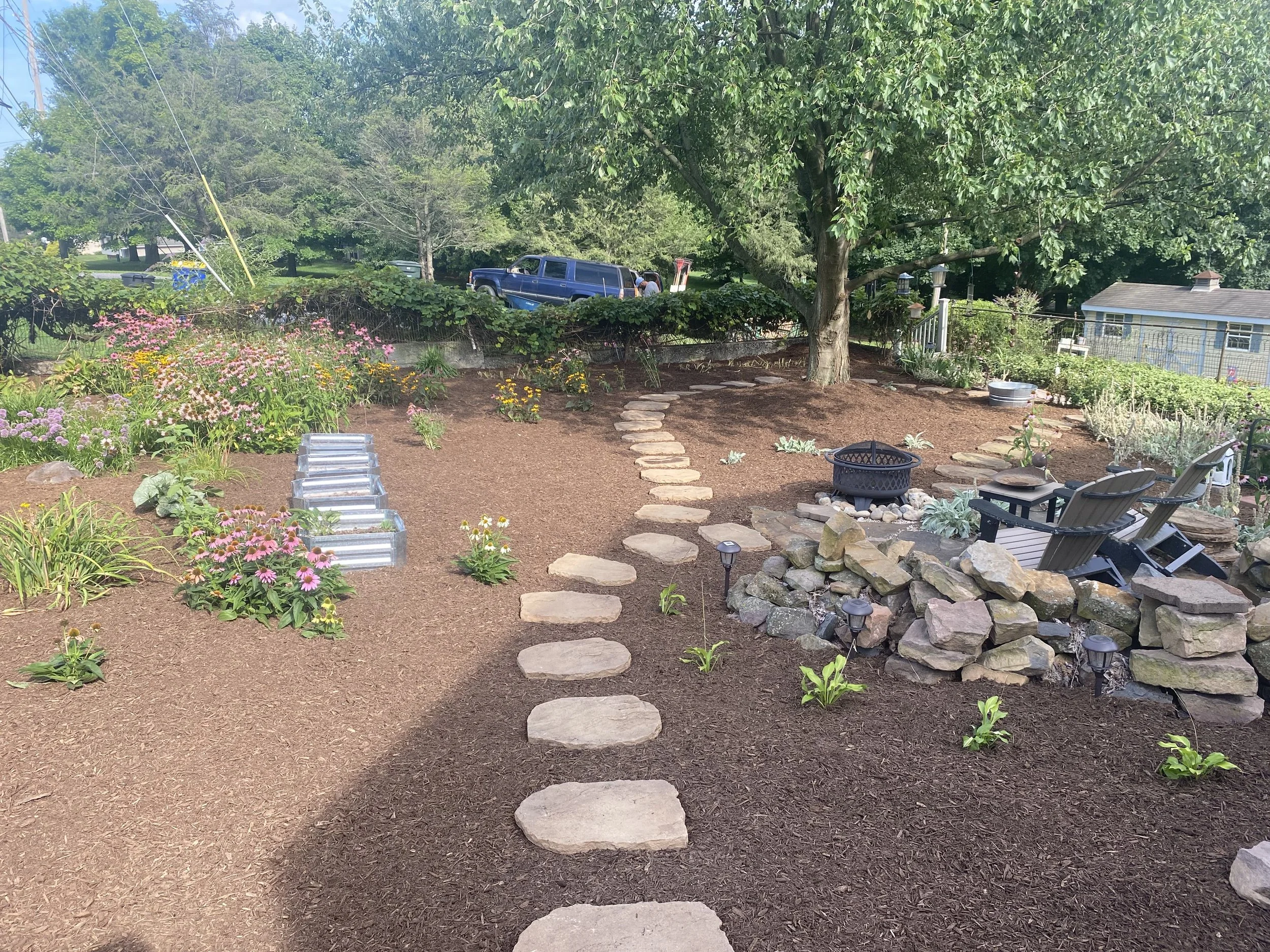 A backyard garden with a stone pathway, flower beds, and outdoor chairs around a fire pit. A large tree provides shade, and a house and garage are visible in the background.