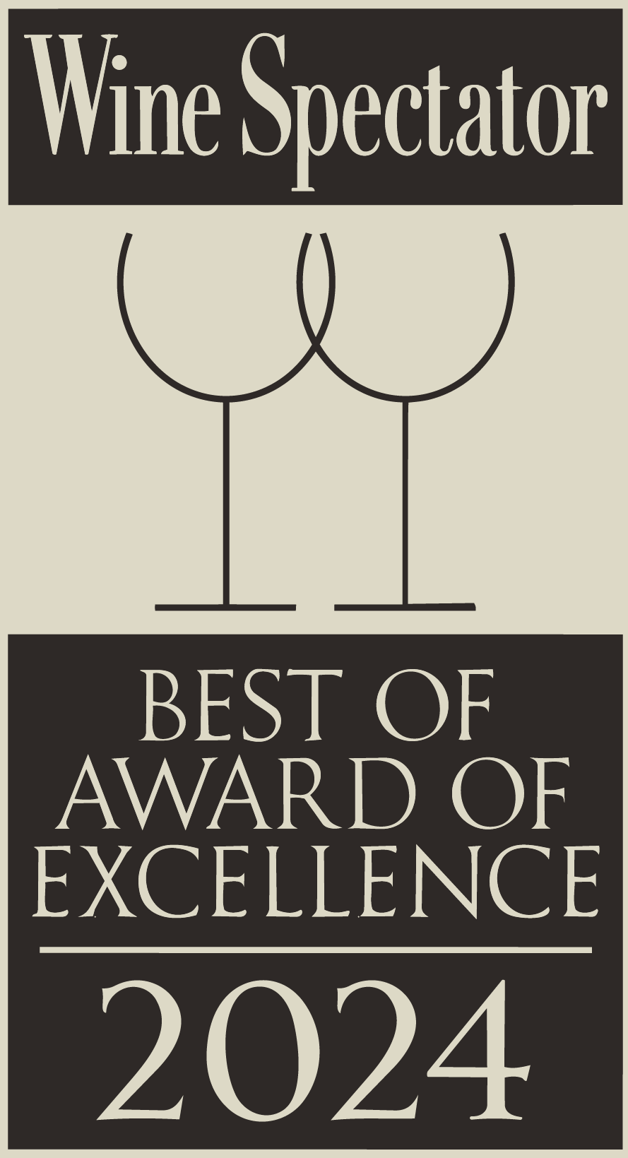 Design with two minimalist wine glasses and text reading 'Wine Spectator Best of Award of Excellence 2024'.
