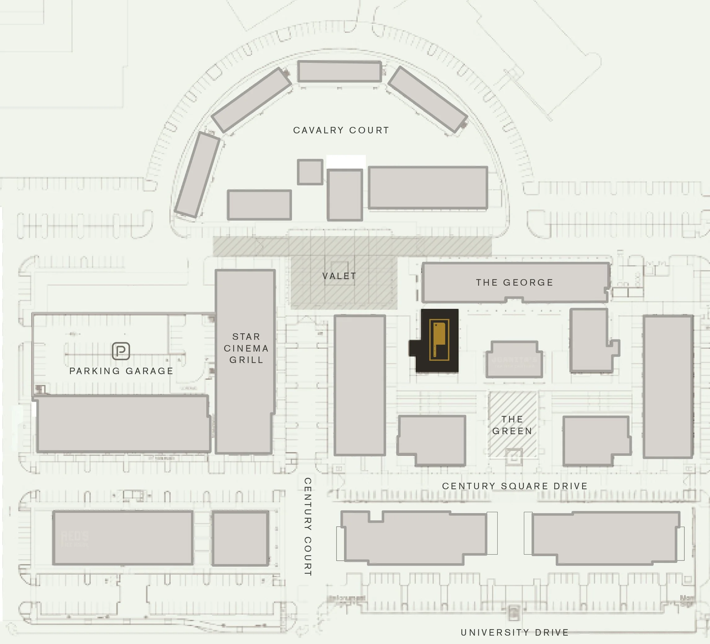 Map of a campus with labeled buildings and parking areas, including Cavalry Court, The George, Valet, Star Cinema Grill, Parking Garage, The Green, Century Square Drive, and University Drive.
