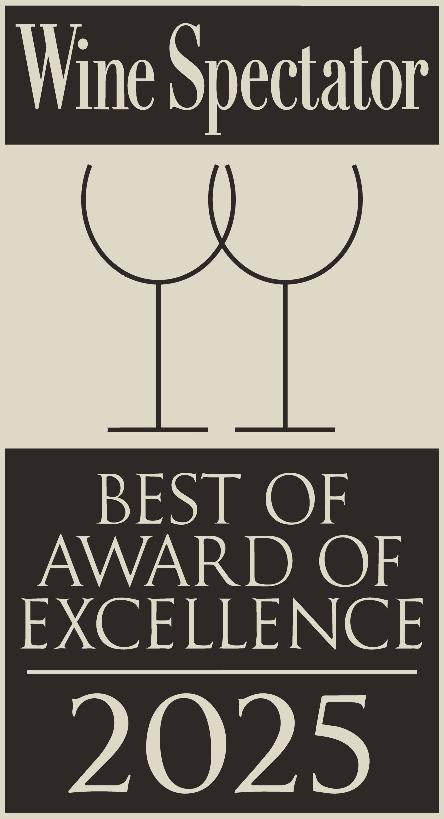 An award plaque for the 'Wine Spectator Best of Award of Excellence 2025' featuring a stylized drawing of two wine glasses.