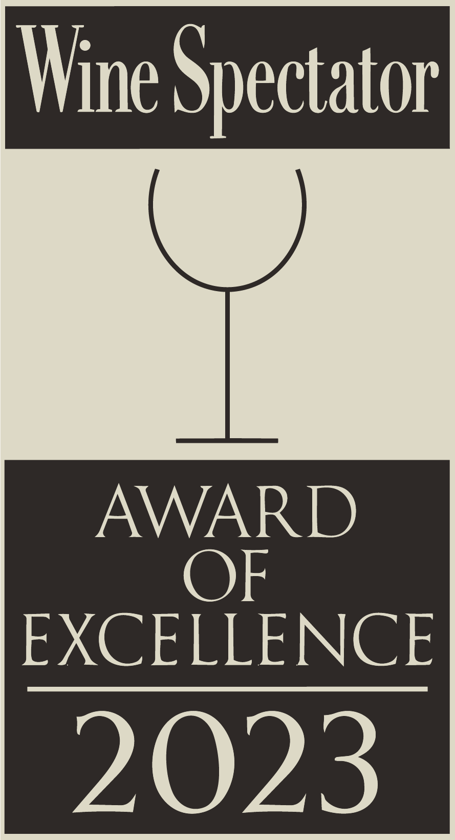 An award plaque with a wine glass outline and text reading 'Wine Spectator Award of Excellence 2023' in a minimalist design.