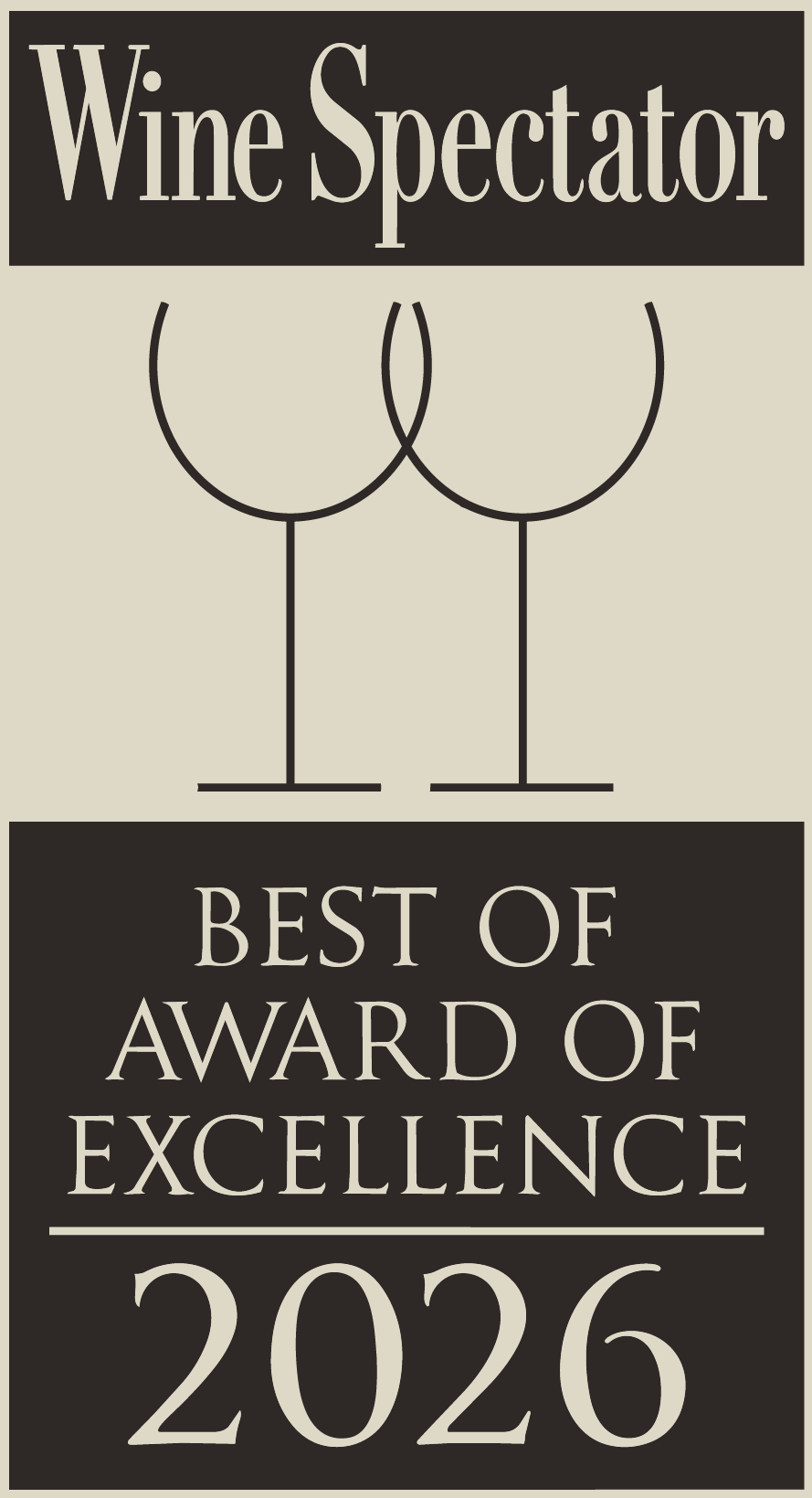 A graphic with the text "Wine Spectator" at the top, two stylized wine glasses with overlapping circles in the center, and the words "Best of Award of Excellence 2026" at the bottom.