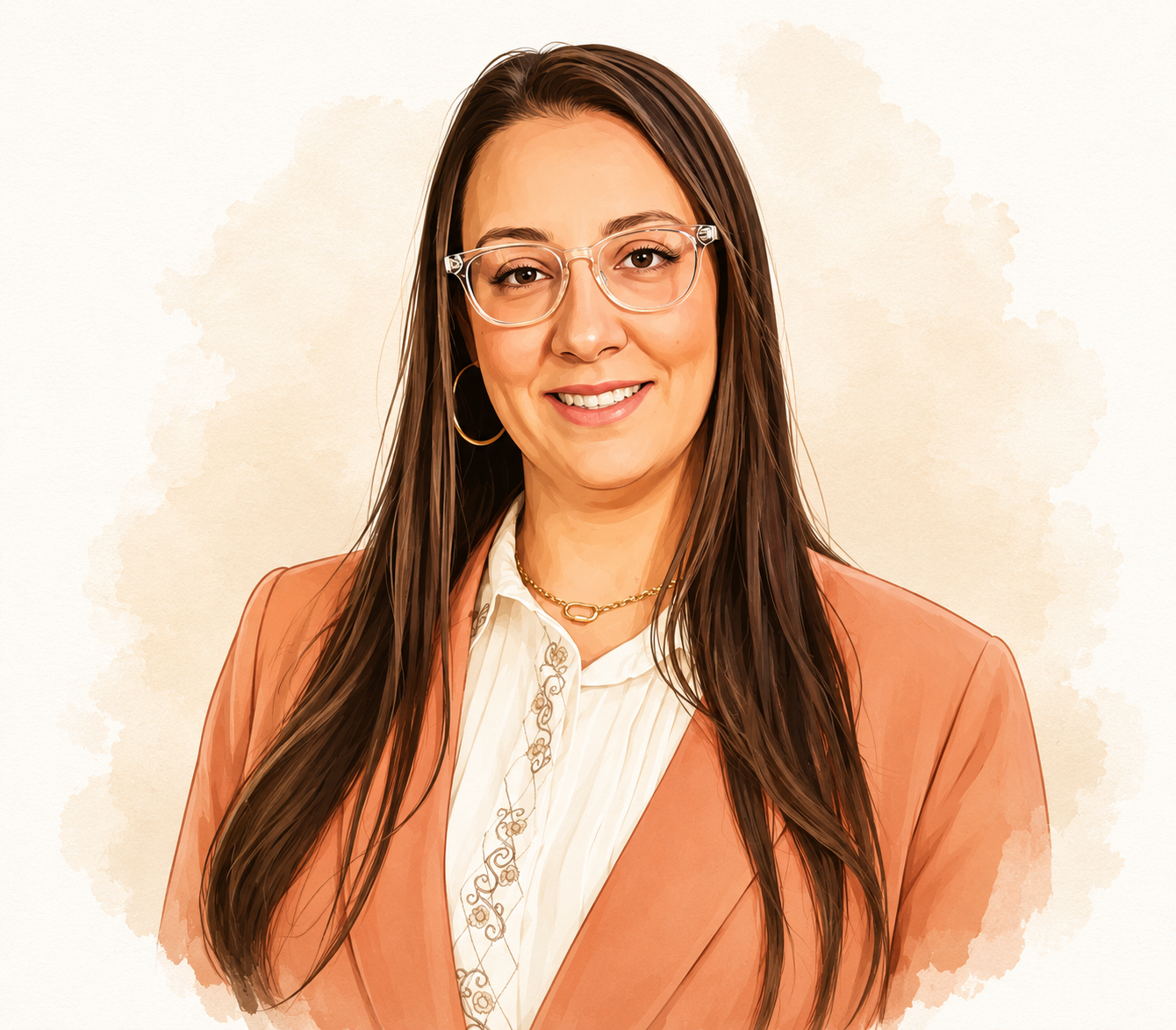 Portrait of a woman with long brown hair, wearing glasses, gold hoop earrings, a white blouse, and an orange blazer.