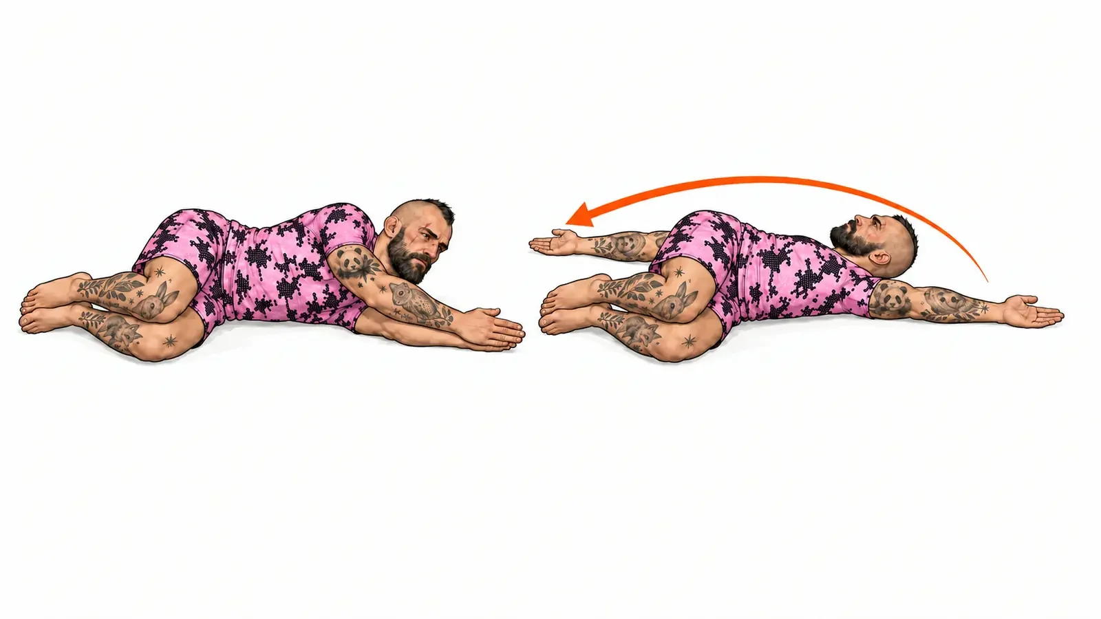 Fighter demonstrating an open-book rotation with knees stacked, chest opened and upper arm extended behind with the palm facing up.
