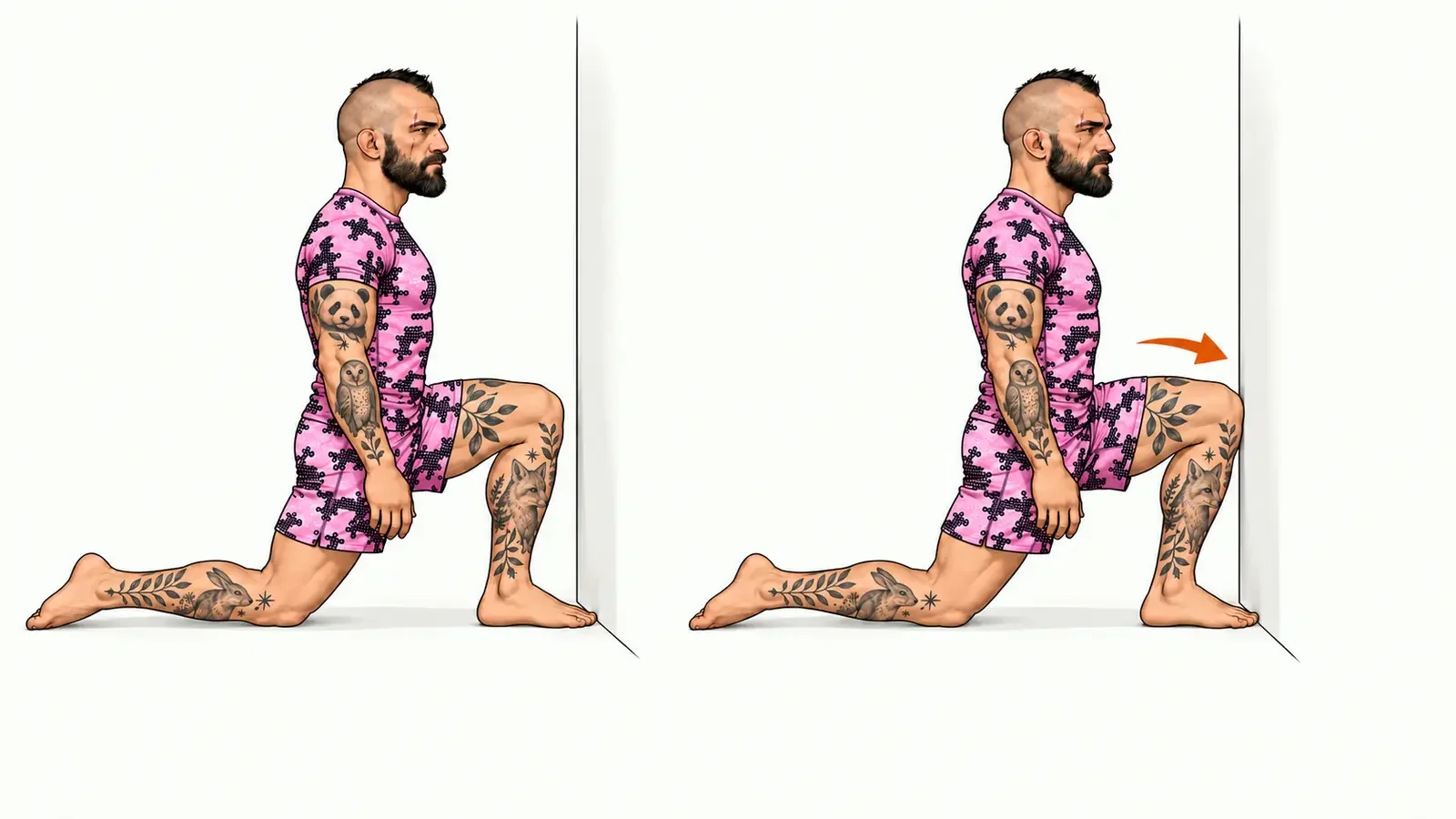 Fighter demonstrating knee-to-wall ankle mobility by driving the knee forwards while keeping the heel planted.