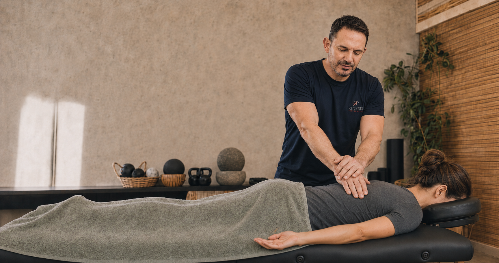 Stel Marcou providing upper-back soft-tissue treatment to a client lying face-down on a massage table.