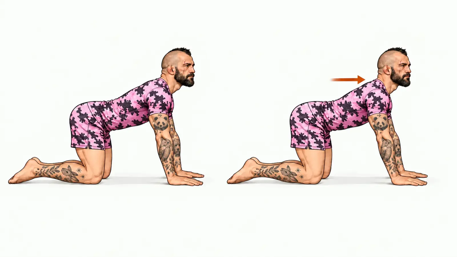 Fighter demonstrating gentle wrist rocks on all fours by shifting forwards while keeping both palms flat.