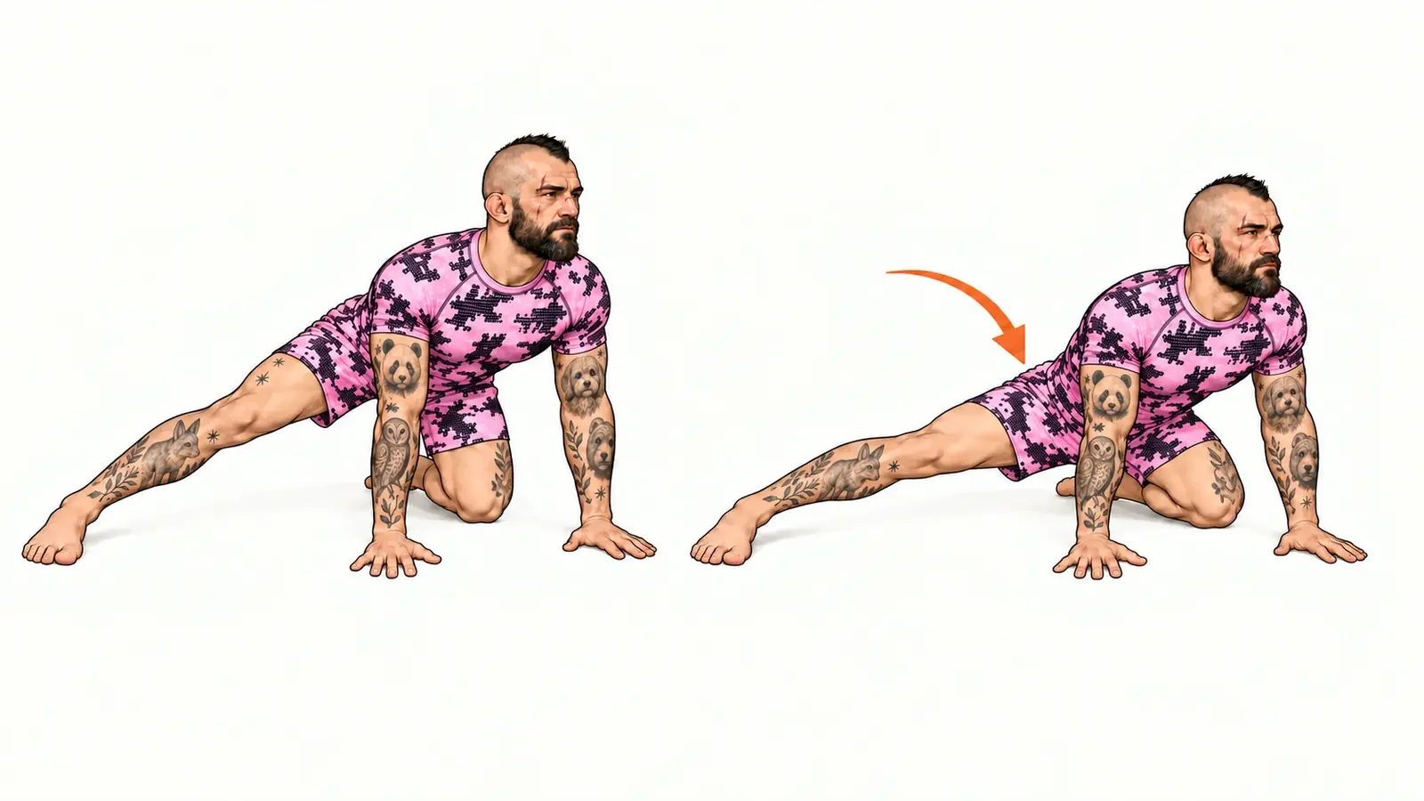 Fighter demonstrating an adductor rock-back with one leg extended sideways and the hips moving towards the supporting heel.