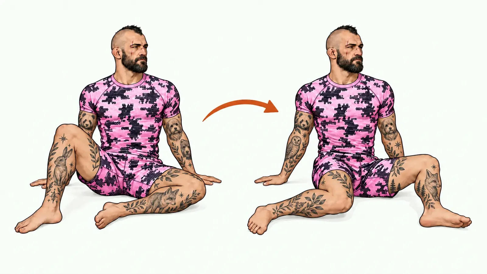 Fighter demonstrating 90/90 hip switches by moving both bent knees from one side to the other