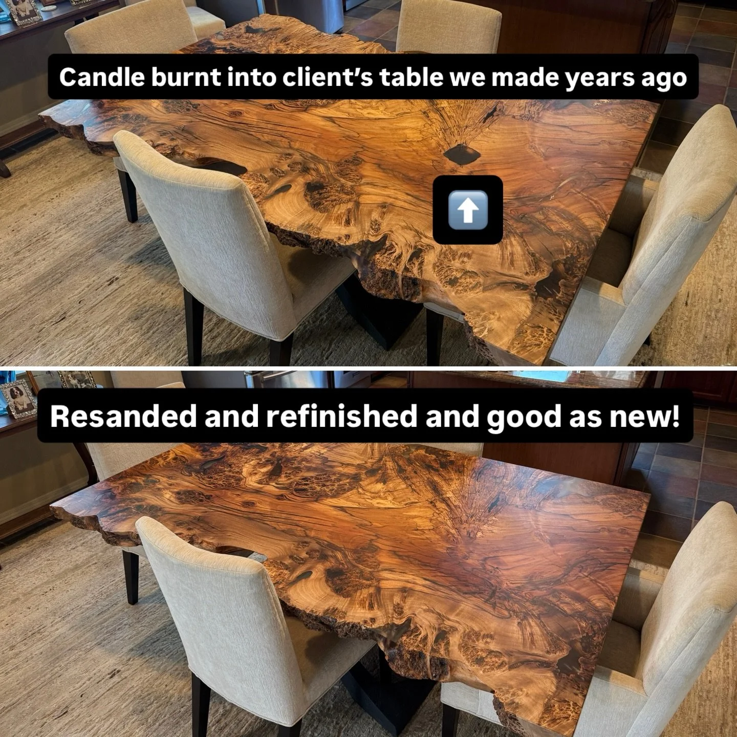 It&rsquo;s funny how you remember every nook and cranny when you work on a table for months even when you built it a few years ago.  Client left a candle on the table a wee bit too long and burnt the table&hellip;. But after resanding and few coats o