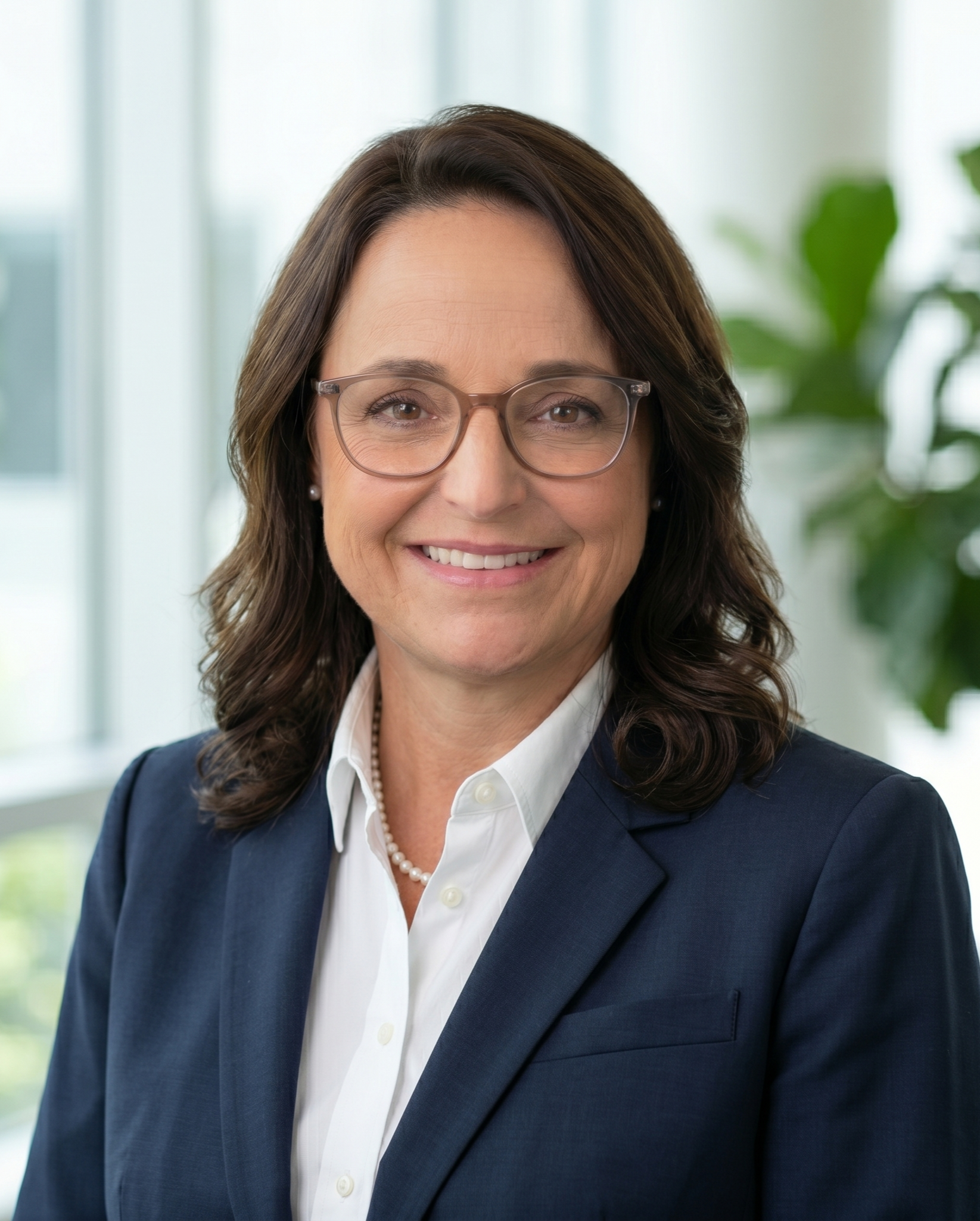 Founder, Amanda Arnold, PhD - smiling woman wearing glasses, a white shirt, pearl necklace, and navy blazer in a bright room in Washington DC.