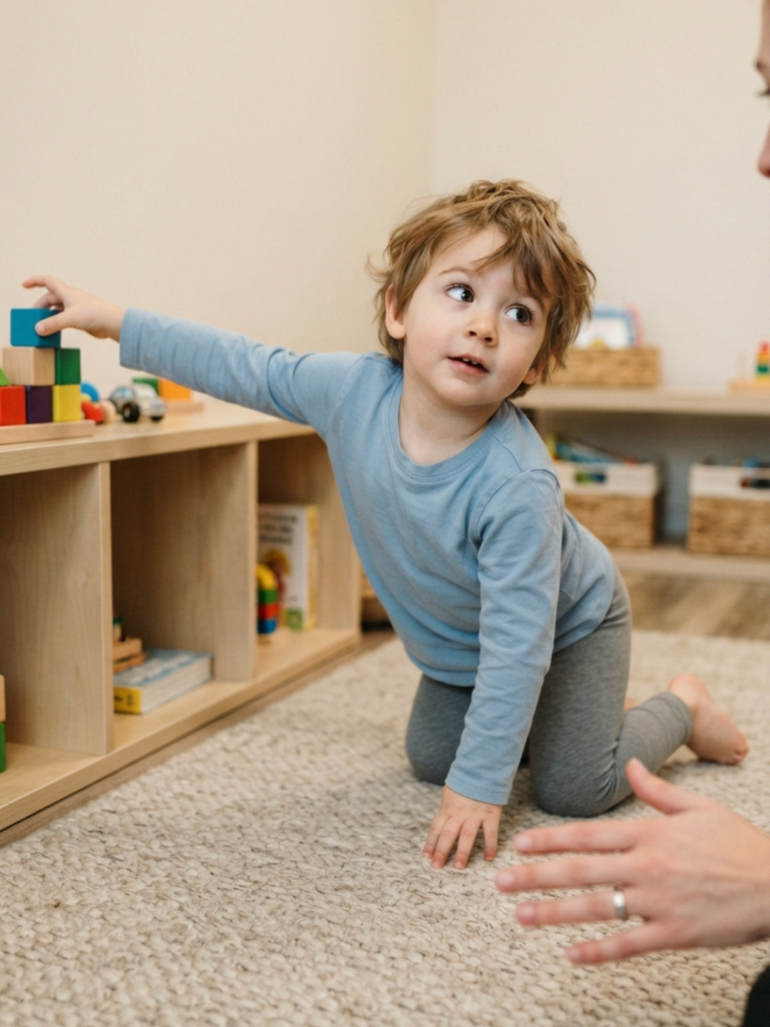An ABA therapist using incidental teaching during a naturalistic play session with a child, capitalising on the child's own initiation to create a teaching opportunity