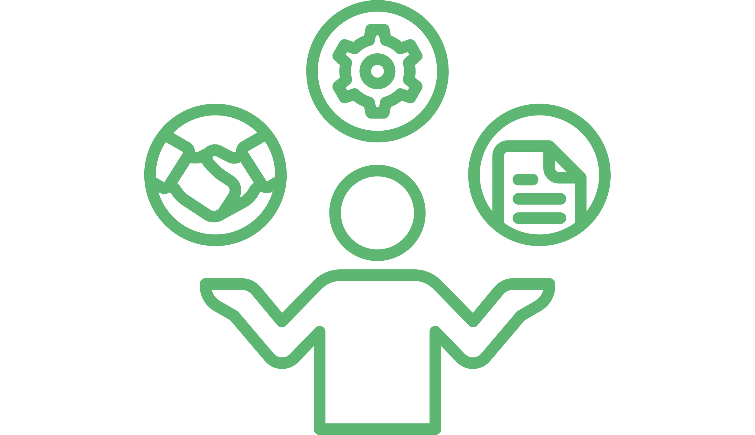 Green line art graphic of a person holding an open book, with icons representing gears, a document, and a cube above the person's head.