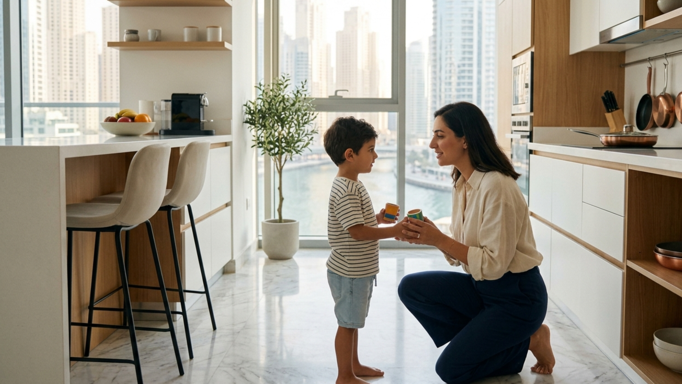 A parent using a simple ABA strategy with their child during a daily routine at home in Dubai, guided by NeuroCore