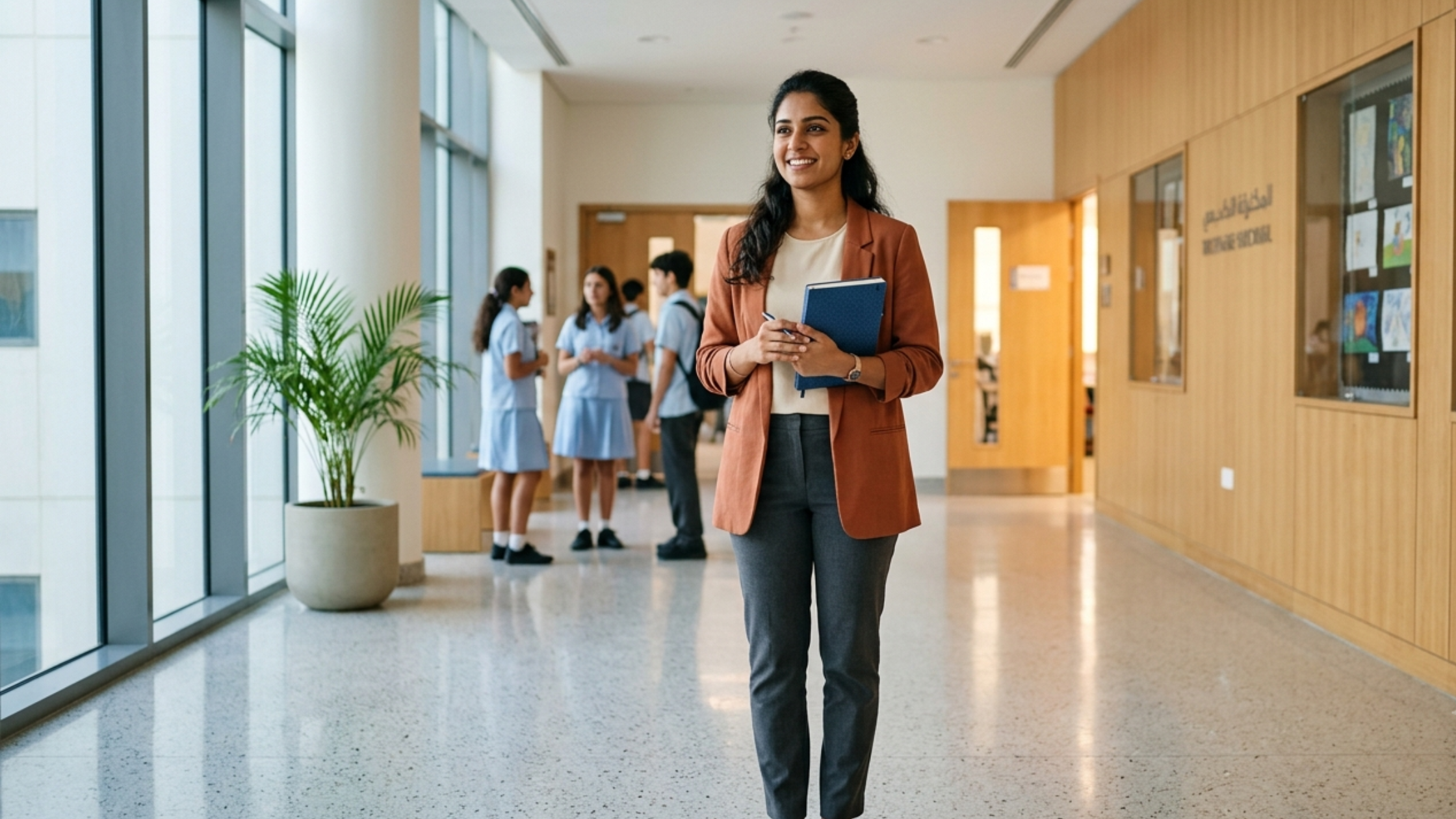 A newly certified behavioral therapist starting their first role in a modern school setting in the UAE, confident and prepared after completing NeuroCore's IBT ABAT training