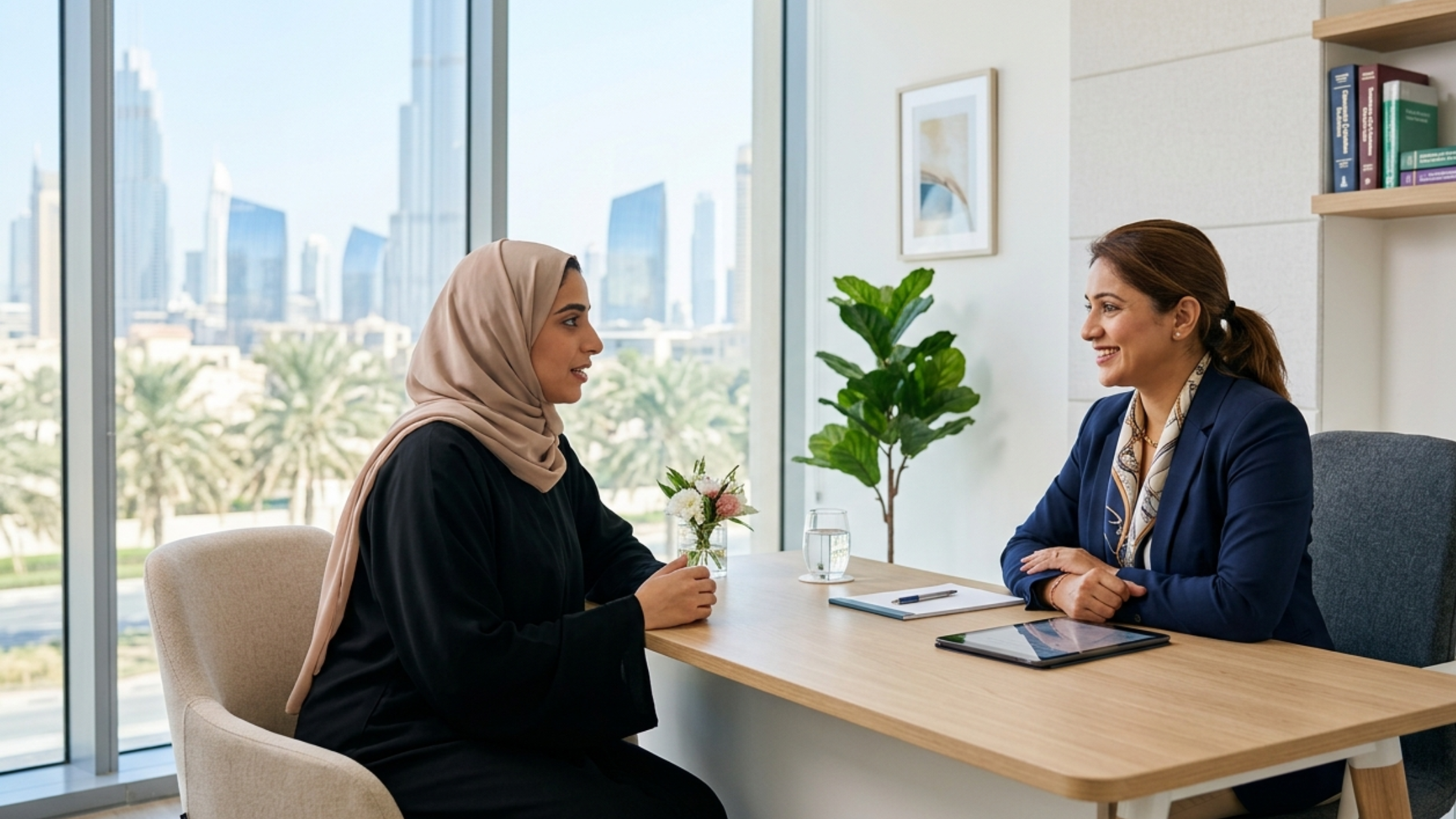 A parent sitting calmly with a NeuroCore clinician in Dubai, going through next steps after their child's autism diagnosis
