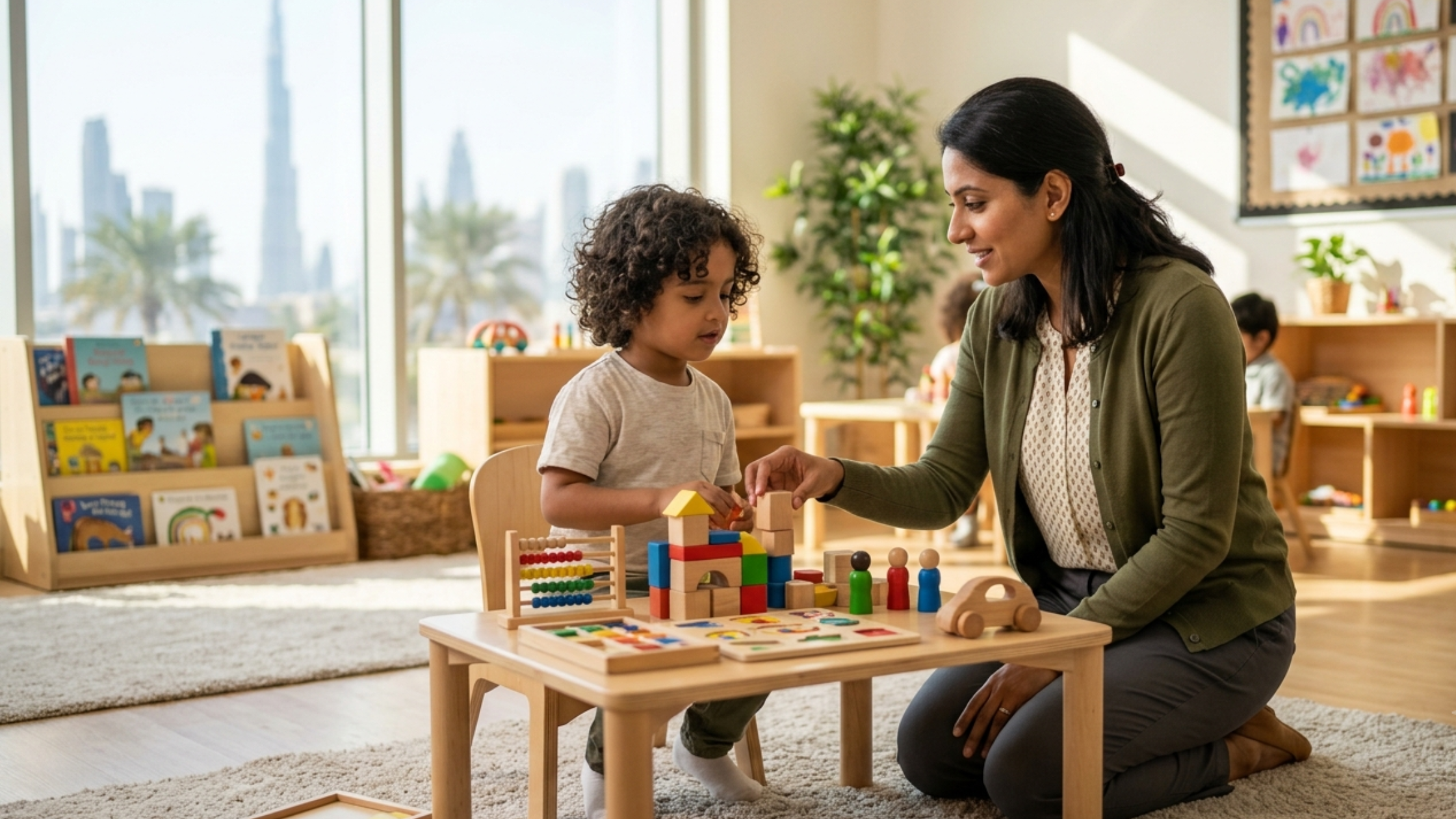 A skilled and patient NeuroCore trained behavioral therapist working calmly and attentively with a child during an ABA session