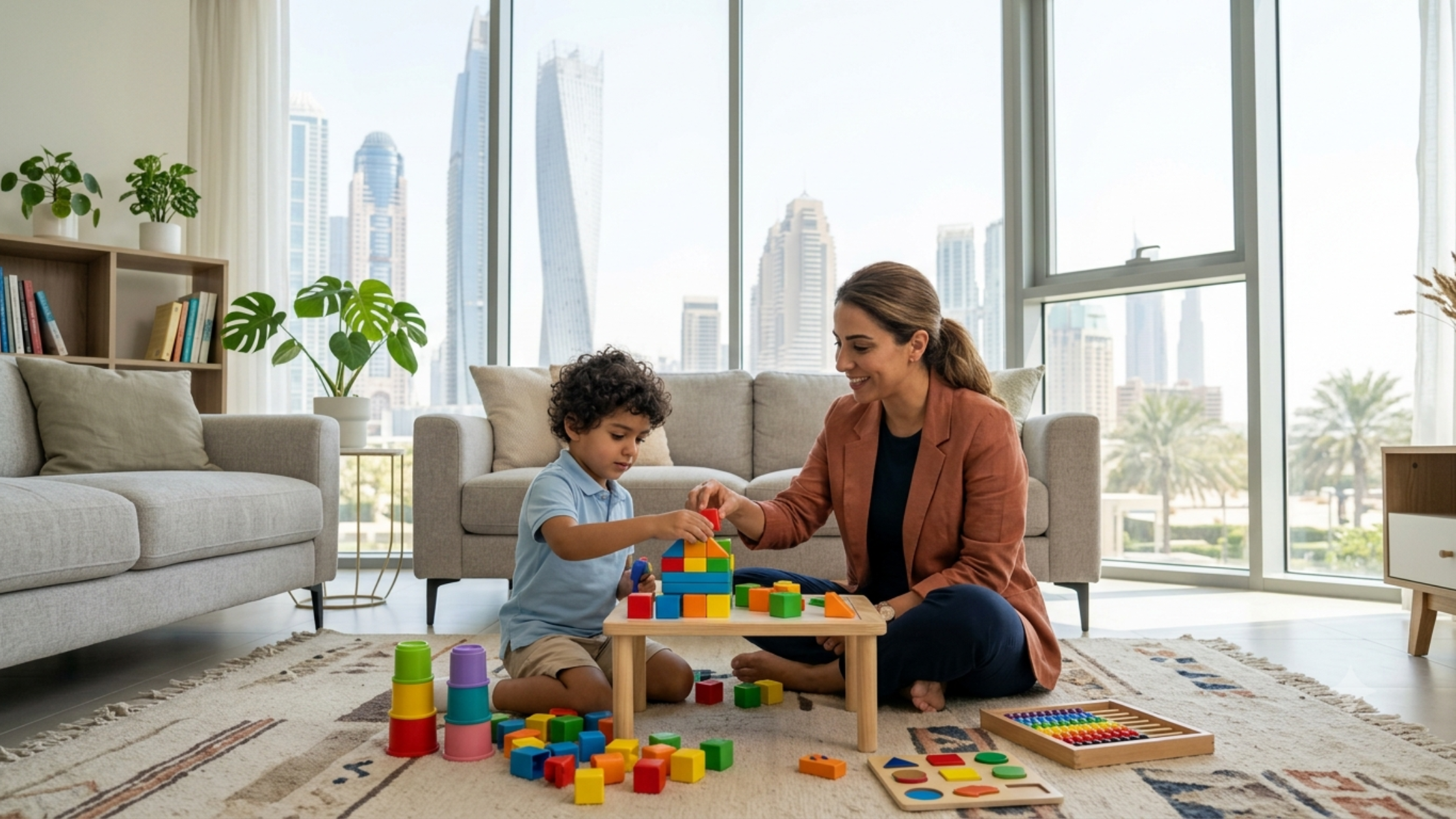 A NeuroCore therapist working with a child during an in-home ABA session in a bright modern Dubai home, warm and natural atmosphere