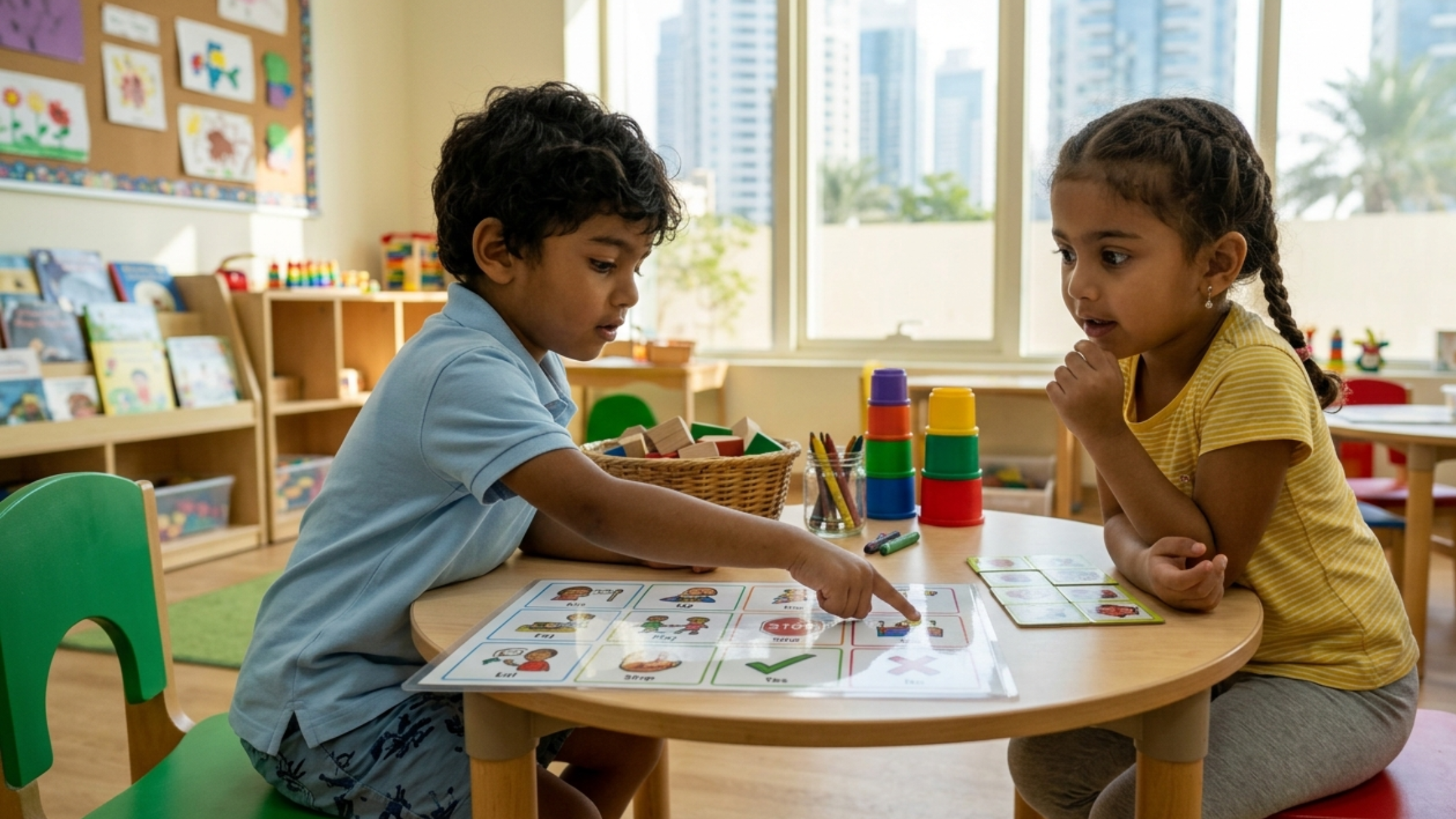 A child working with a NeuroCore ABA therapist on communication goals in a bright Dubai home, natural and engaged interaction