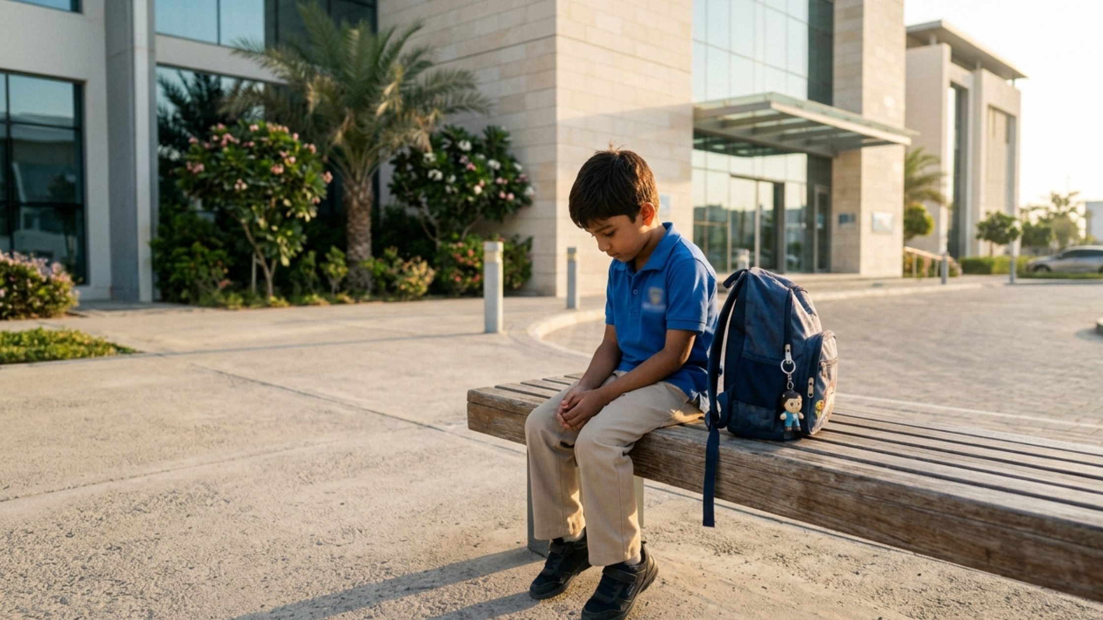 A NeuroCore therapist supporting a child with school anxiety through calm regulation strategies in a bright Dubai school setting