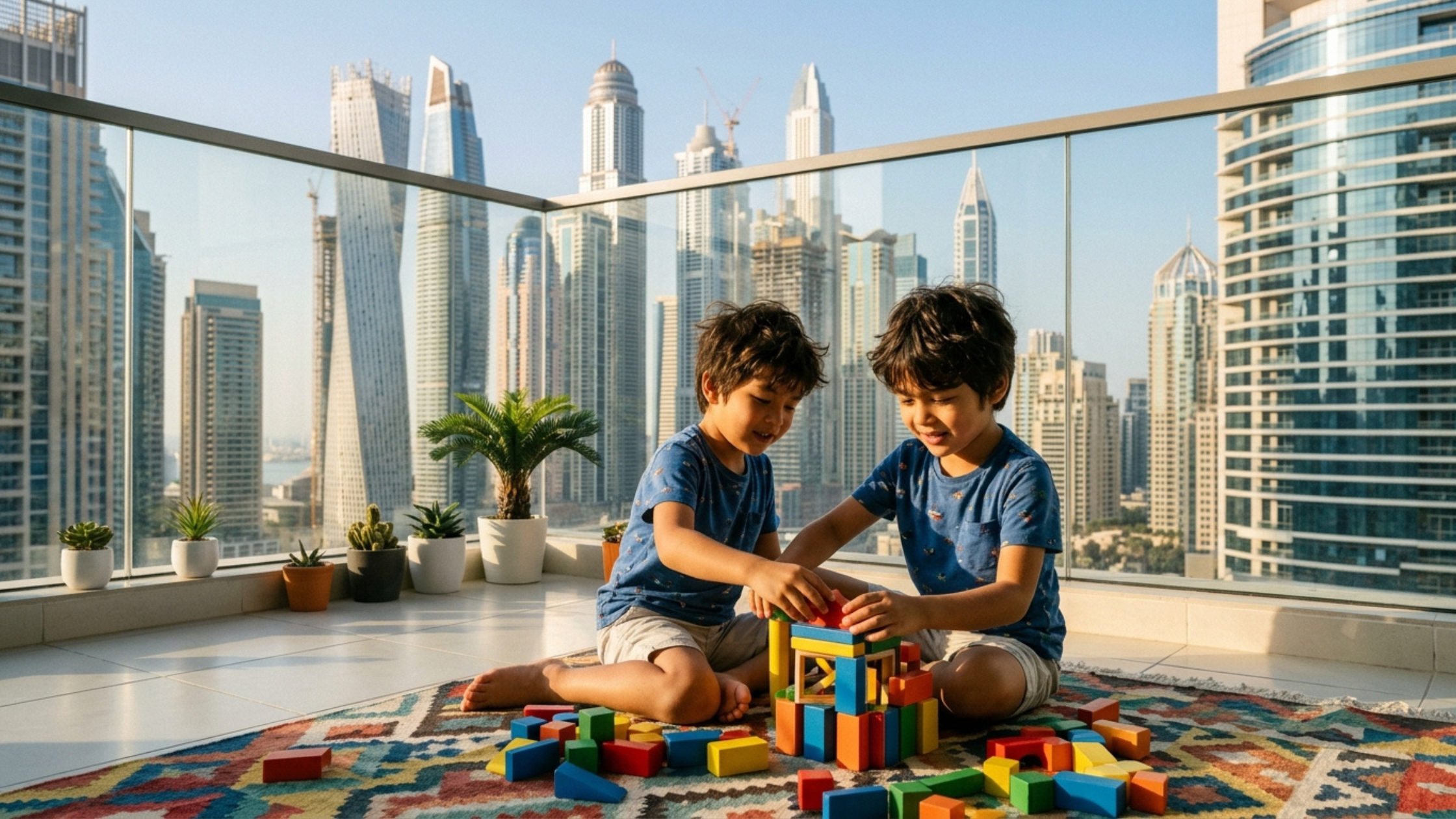 A child playing confidently and independently in a bright Dubai home, a visible moment of progress after ABA therapy with NeuroCore