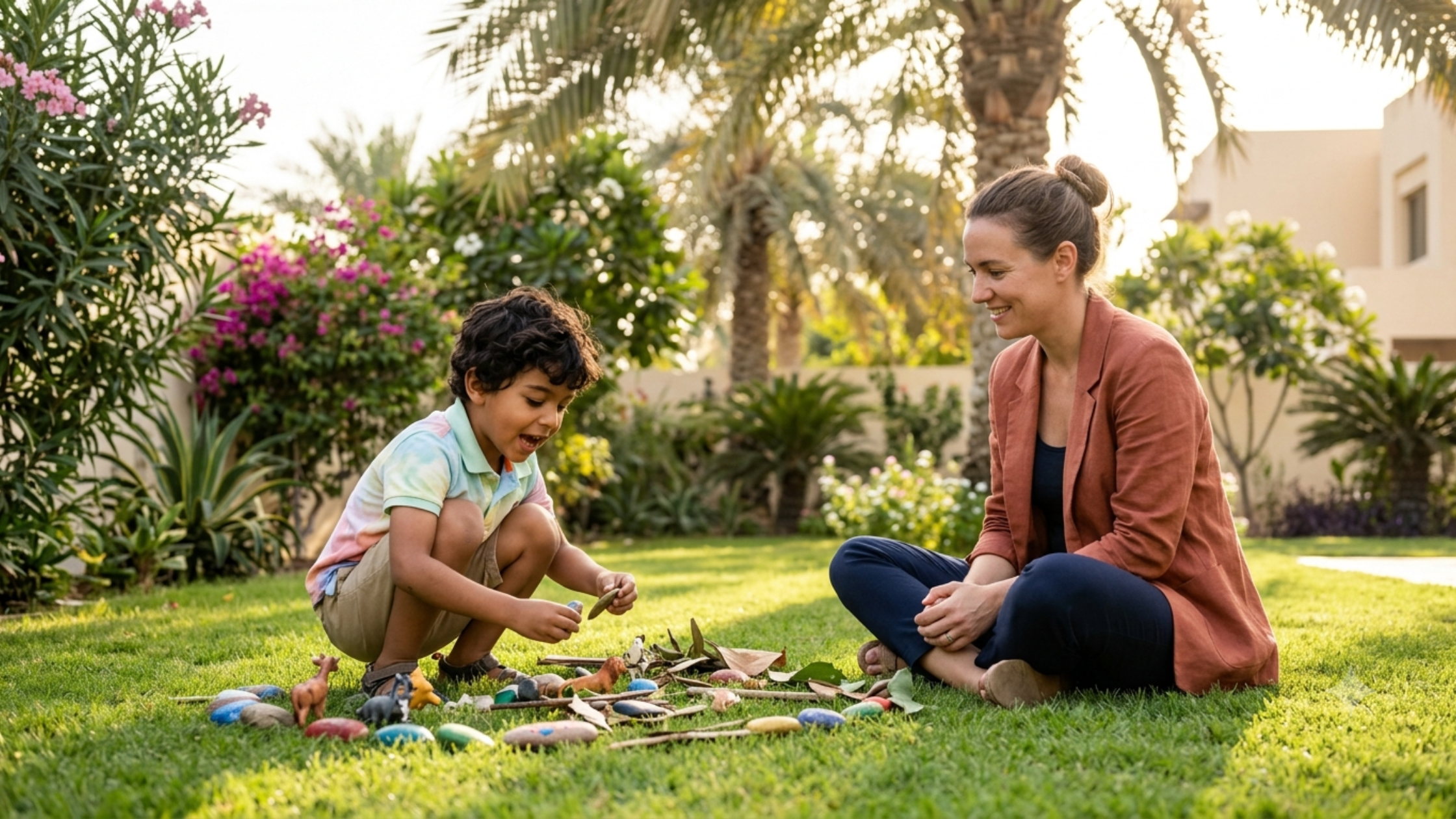 A NeuroCore therapist and child engaged in a warm, child-led ABA session in a bright Dubai home, dignity and trust visible in the interaction