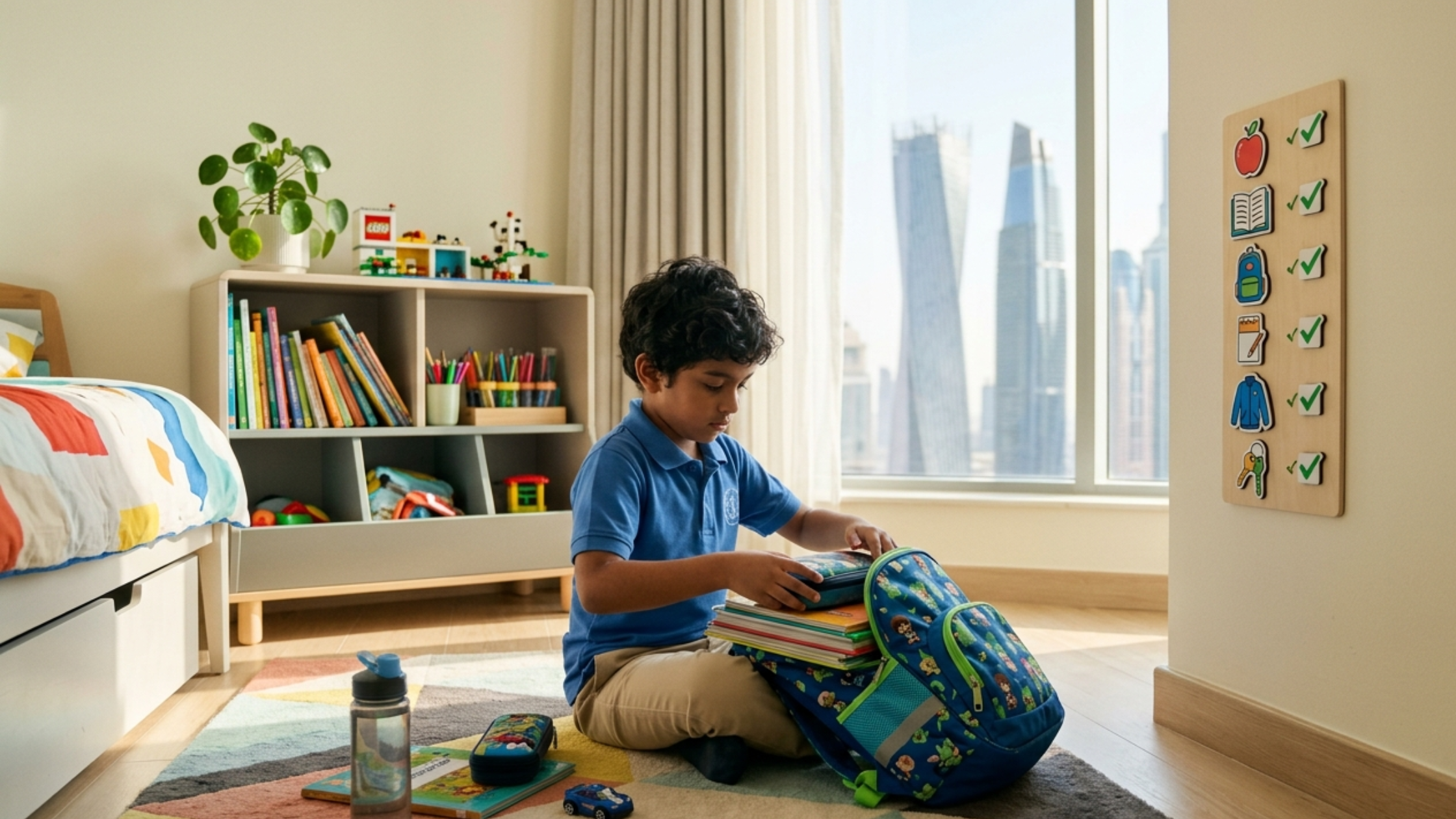 A parent and child with autism calmly preparing a school bag together at home in Dubai the week before school starts