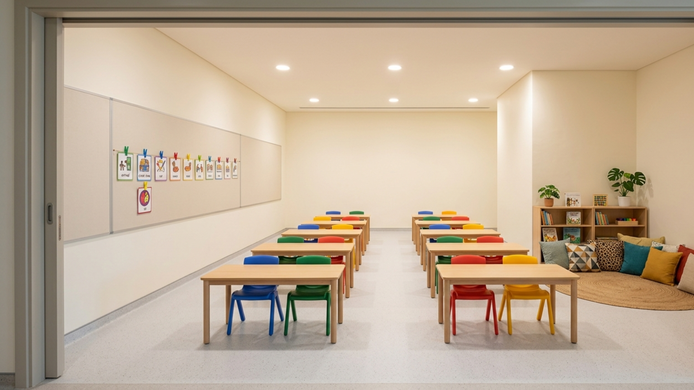A teacher arranging a calm and organised classroom in a Dubai school before the new term starts, creating a welcoming environment for a student with autism
