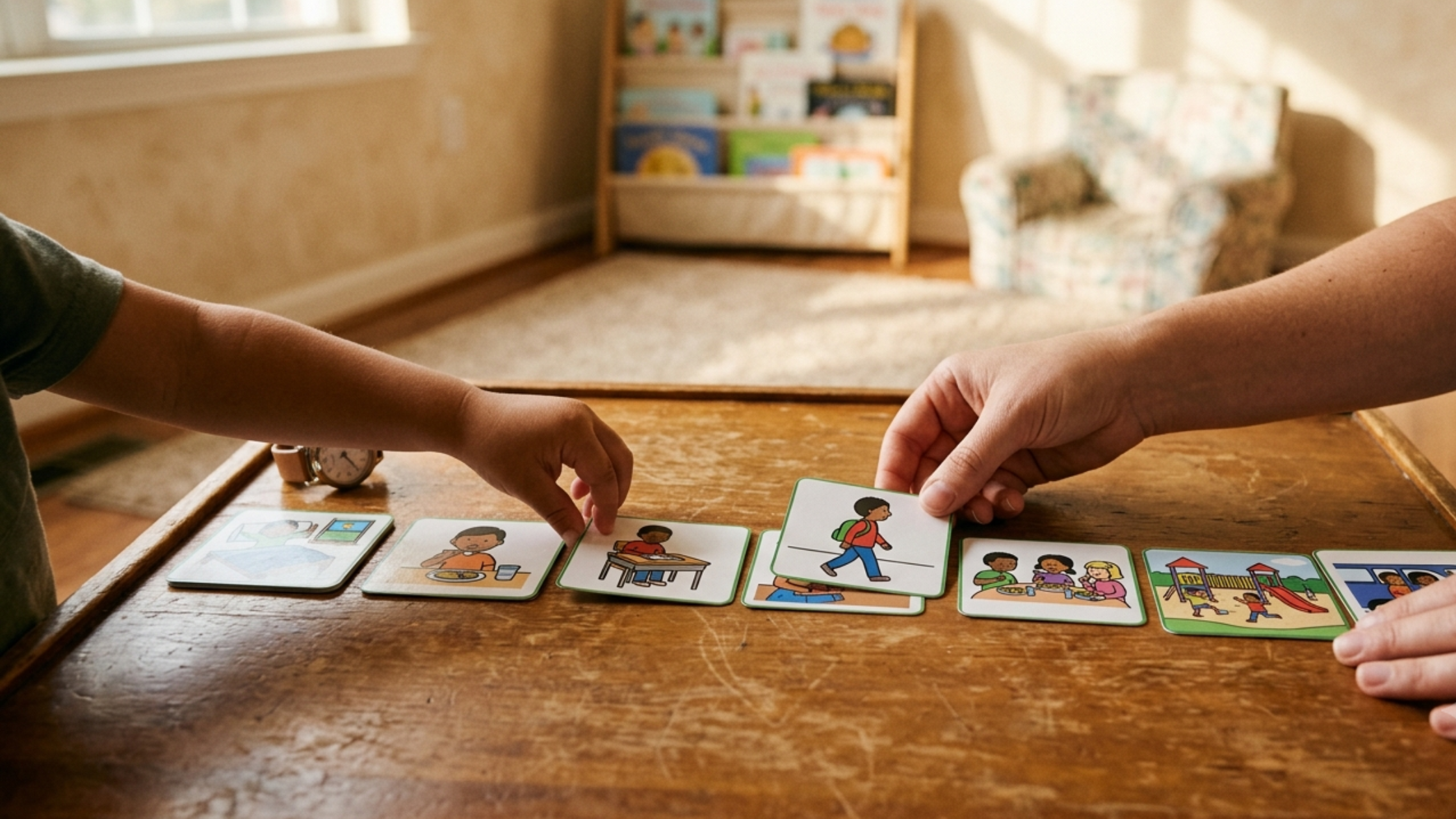 A NeuroCore ABA therapist working with a child on a transition preparation activity in the weeks before school starts in Dubai